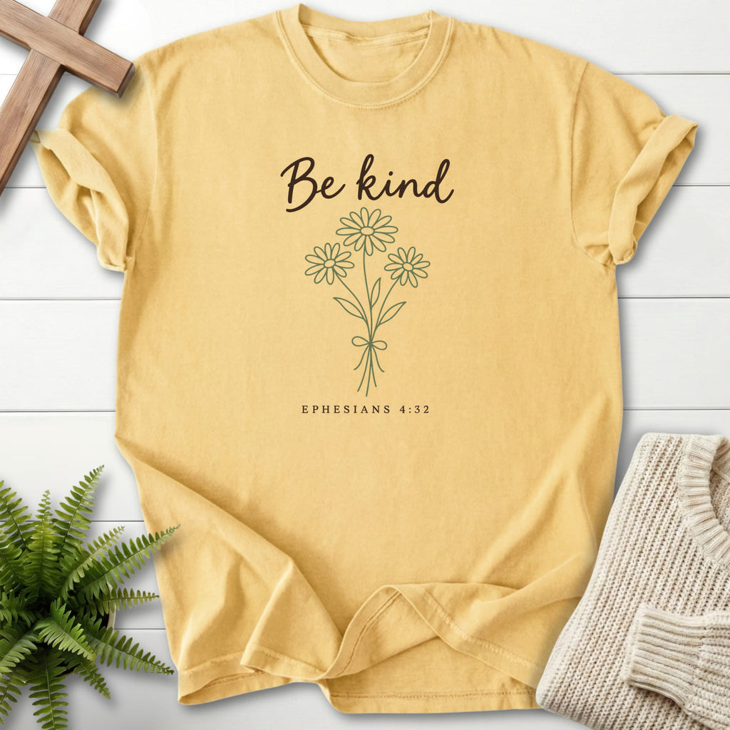 Butter Be Kind Floral Bouquet T-shirt flat lay mockup, Ephesians 4:32 Christian apparel for women