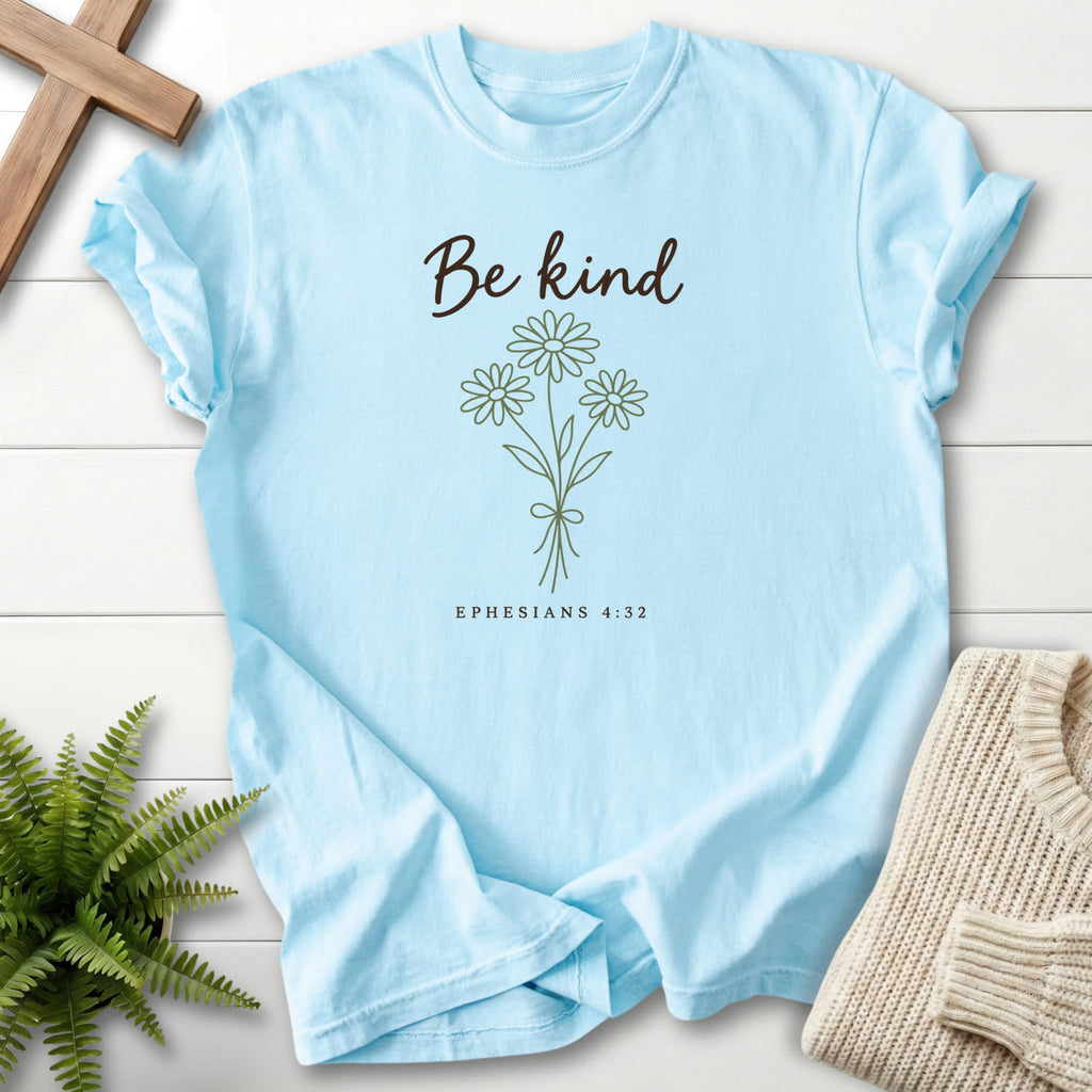 Chambray Be Kind Floral Bouquet T-shirt flat lay mockup, Ephesians 4:32 Christian apparel for women