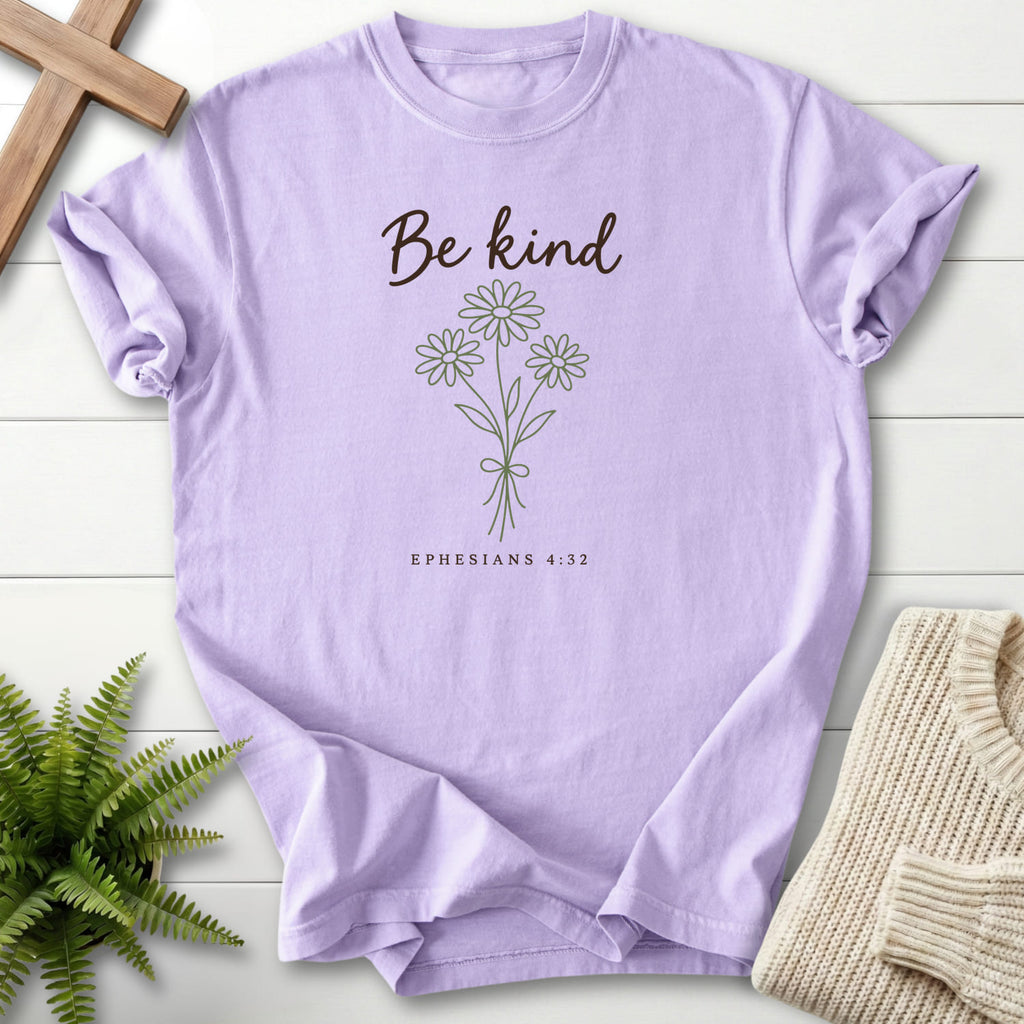 Orchid Be Kind Floral Bouquet T-shirt flat lay mockup, Ephesians 4:32 Christian apparel for women
