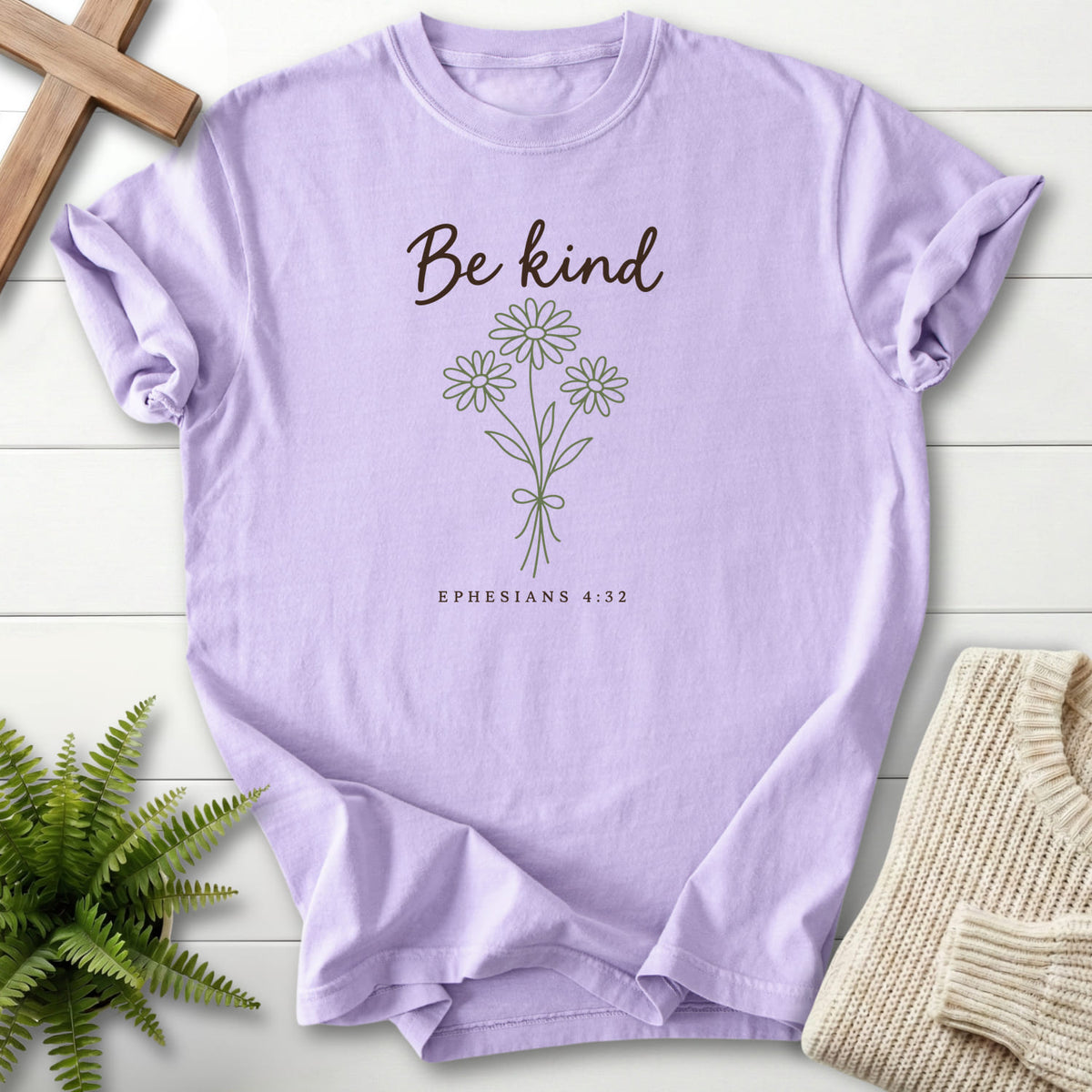 Orchid Be Kind Floral Bouquet T-shirt flat lay mockup, Ephesians 4:32 Christian apparel for women
