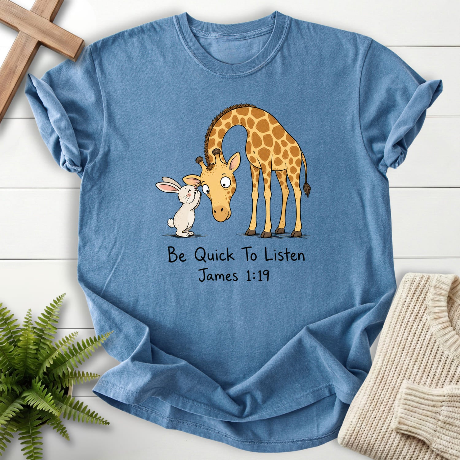 Blue Jean color option for the Be Quick To Listen James 1 19 tee with "Be Quick To Listen James 1:19 T-Shirt" James 1:19 from Printify.