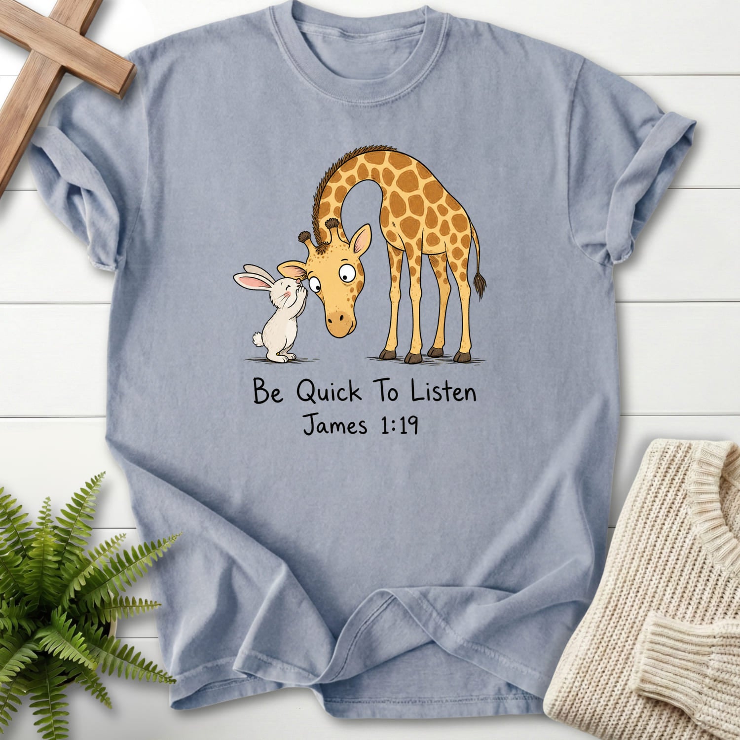 Flat lay of a Granite Christian graphic tee featuring "Be Quick To Listen James 1:19 T-Shirt" James 1:19.