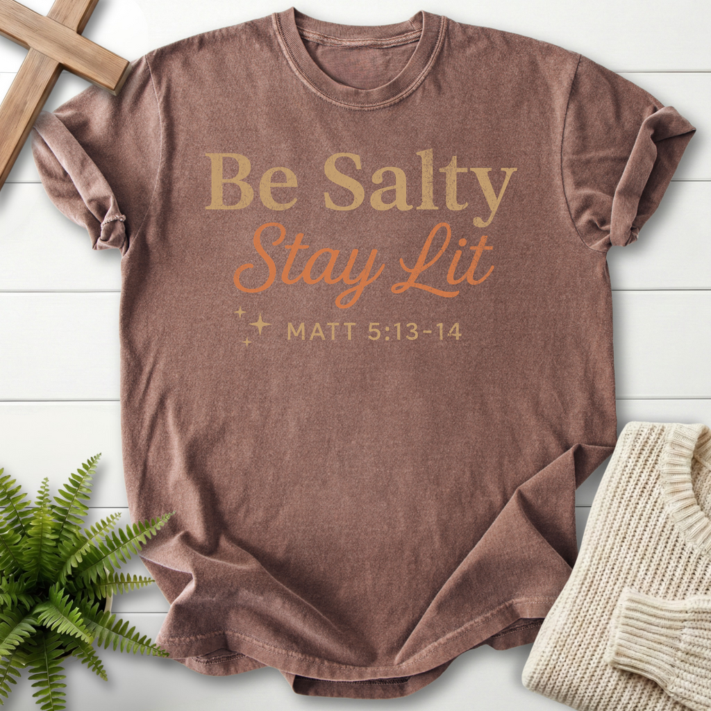 Espresso Christian t-shirt for women with warm gold and rust 'Be Salty Stay Lit' lettering, She Wears Faith