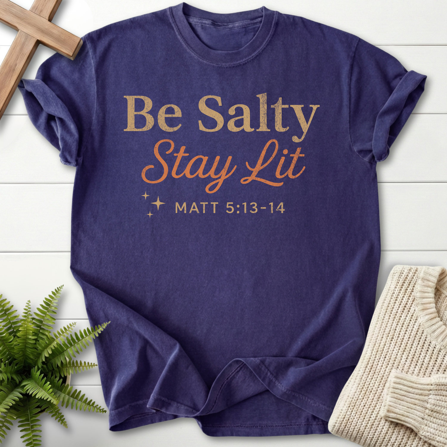 Grape Christian t-shirt for women with retro gold 'Be Salty Stay Lit' script and sparkle design