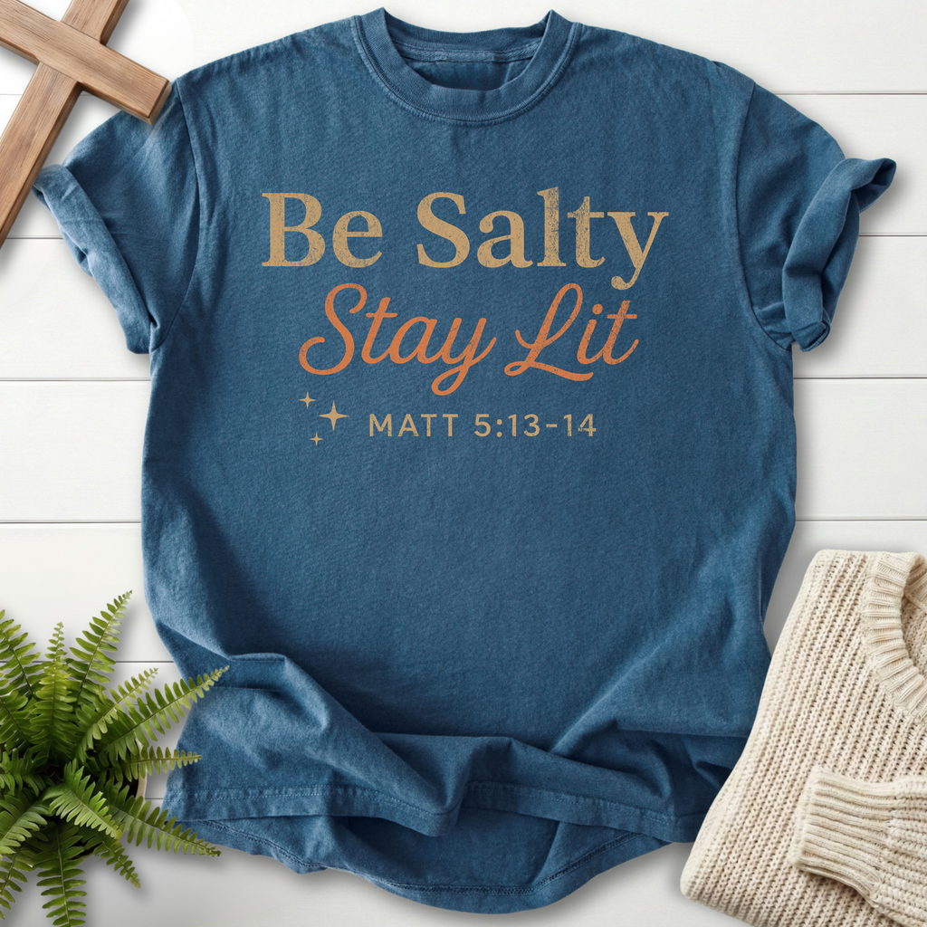 Midnight Christian t-shirt for women with retro gold and rust 'Be Salty Stay Lit' lettering, Comfort Colors 1717