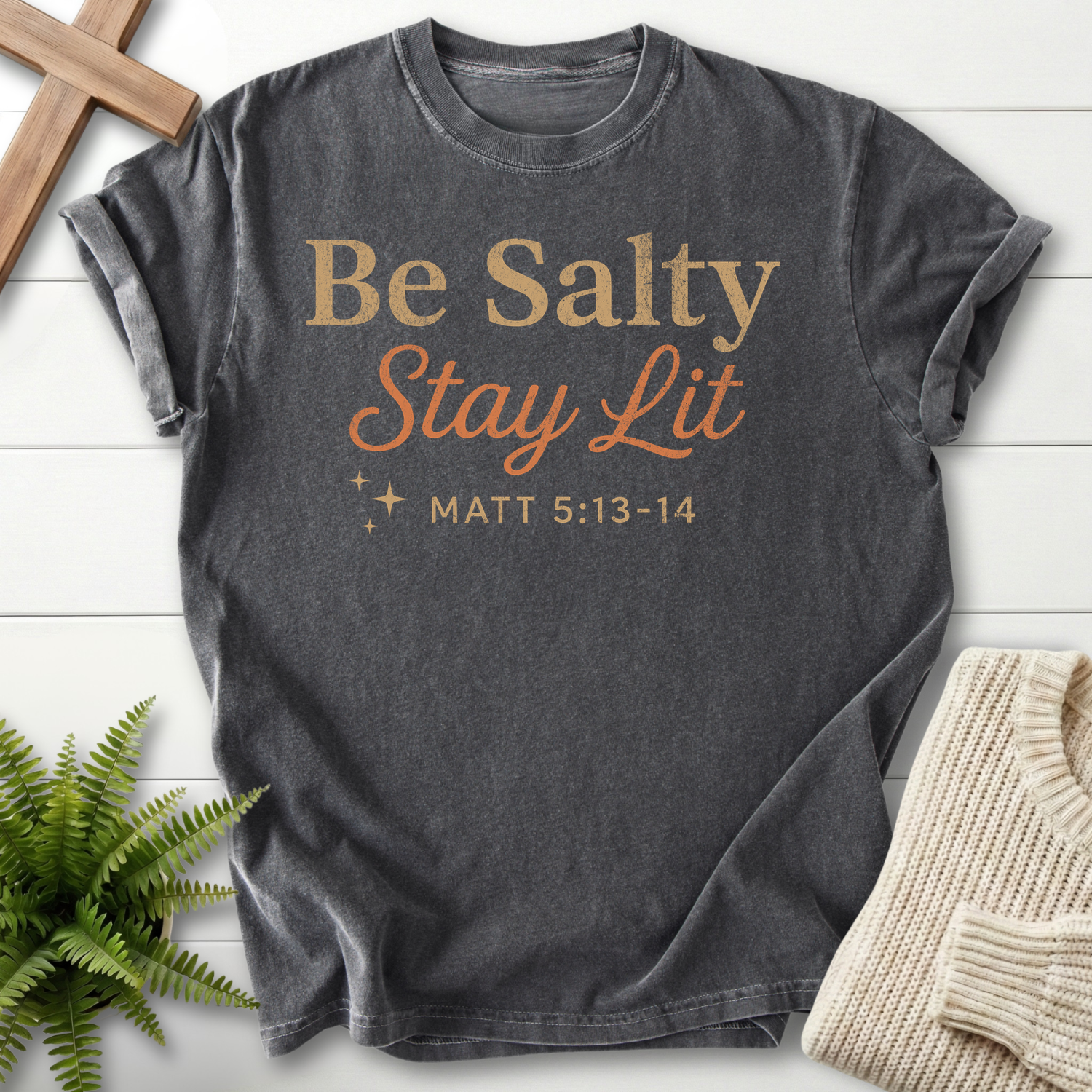 Pepper Christian t-shirt for women with two-tone retro 'Be Salty Stay Lit' lettering and sparkle details