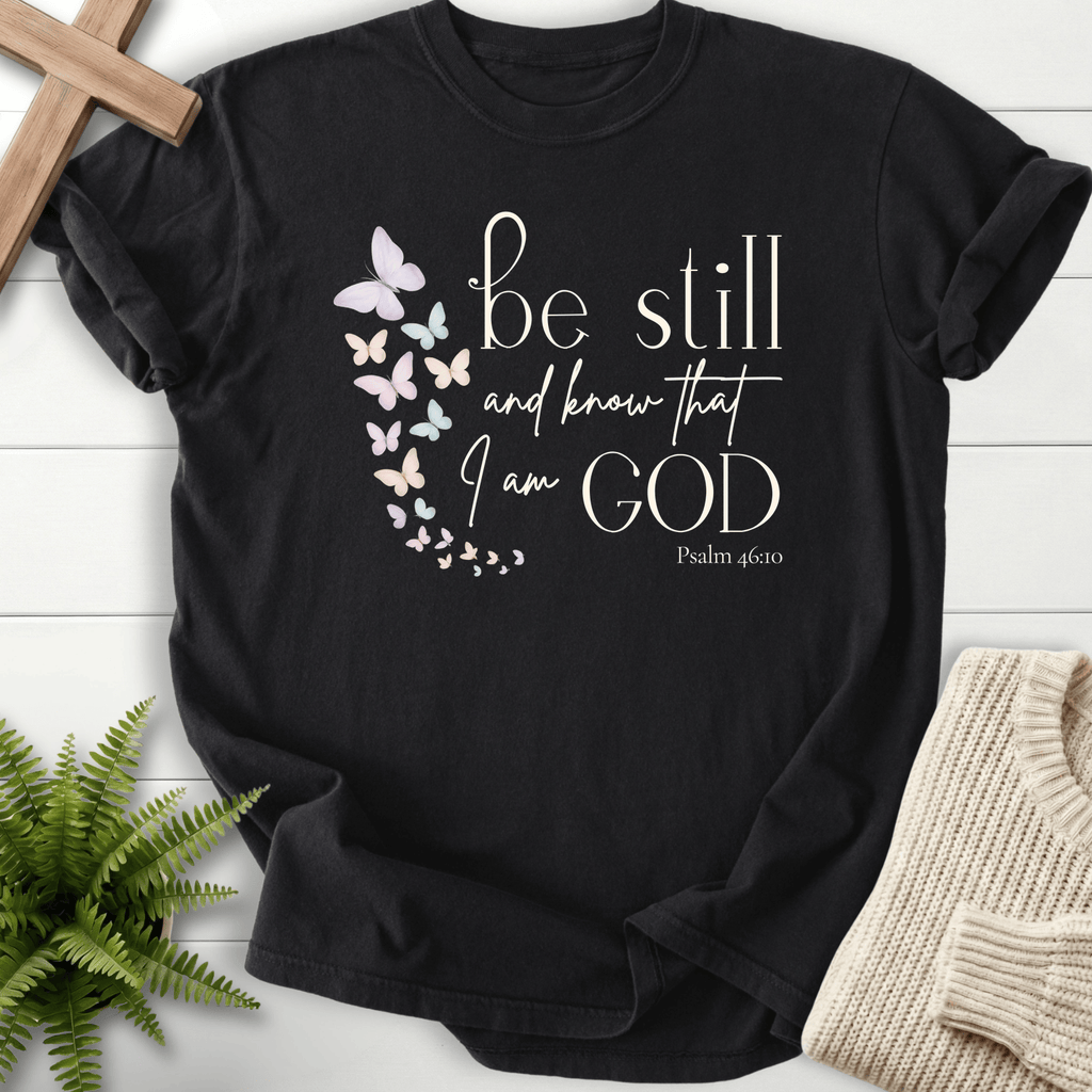 Black Christian t-shirt for women with soft watercolor butterflies and Psalm 46:10 script, inspired by Psalm 46:10.