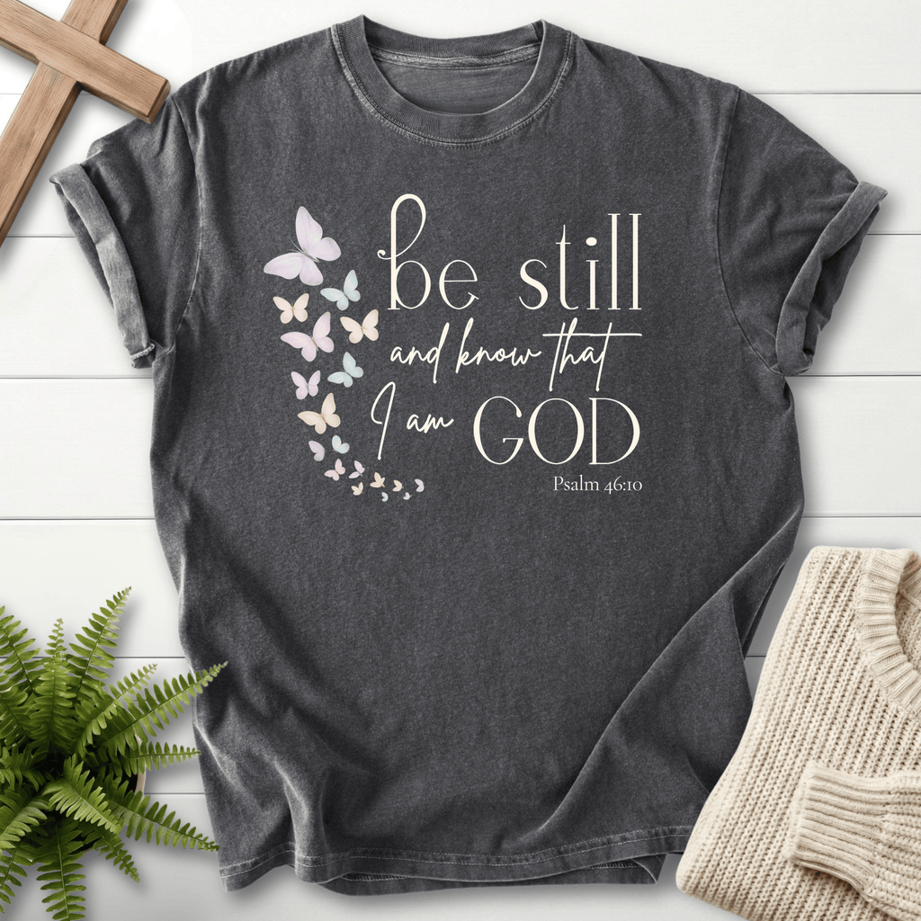 Pepper Christian t-shirt for women with a pink and purple butterfly trail and 'Be Still and Know', inspired by Psalm 46:10.
