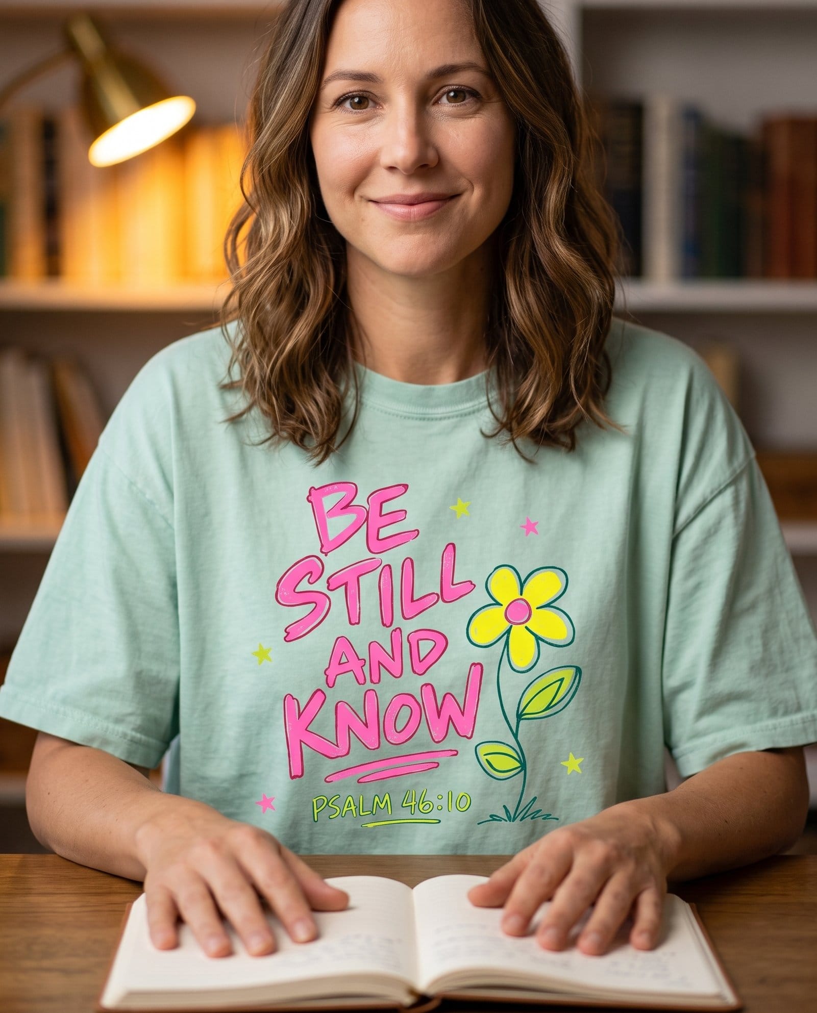 Be Still and Know Psalm 46:10 Whimsical Daisy – Bay women's Christian tee, lifestyle photo in cozy reading nook – Hot pink marker-style 'Be Still' lettering with a sunny yellow daisy a – Psalm 46:10 – She Wears Faith