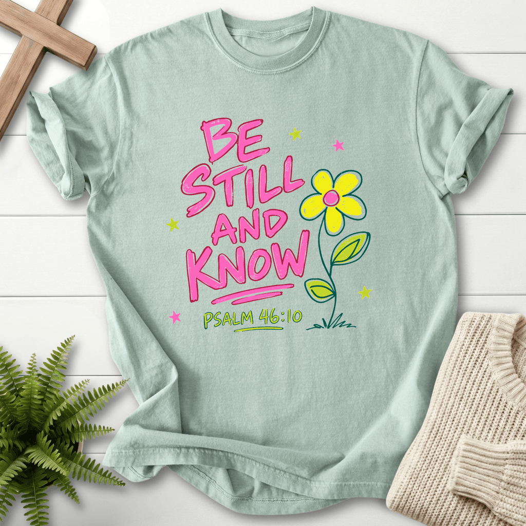 Be Still and Know Ps 46:10 Whimsical Graphic T-Shirt in Bay | She Wears Faith