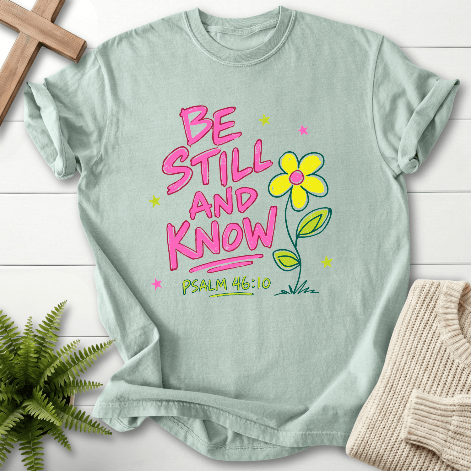 Be Still and Know Ps 46:10 Whimsical Graphic T-Shirt in Bay | She Wears Faith