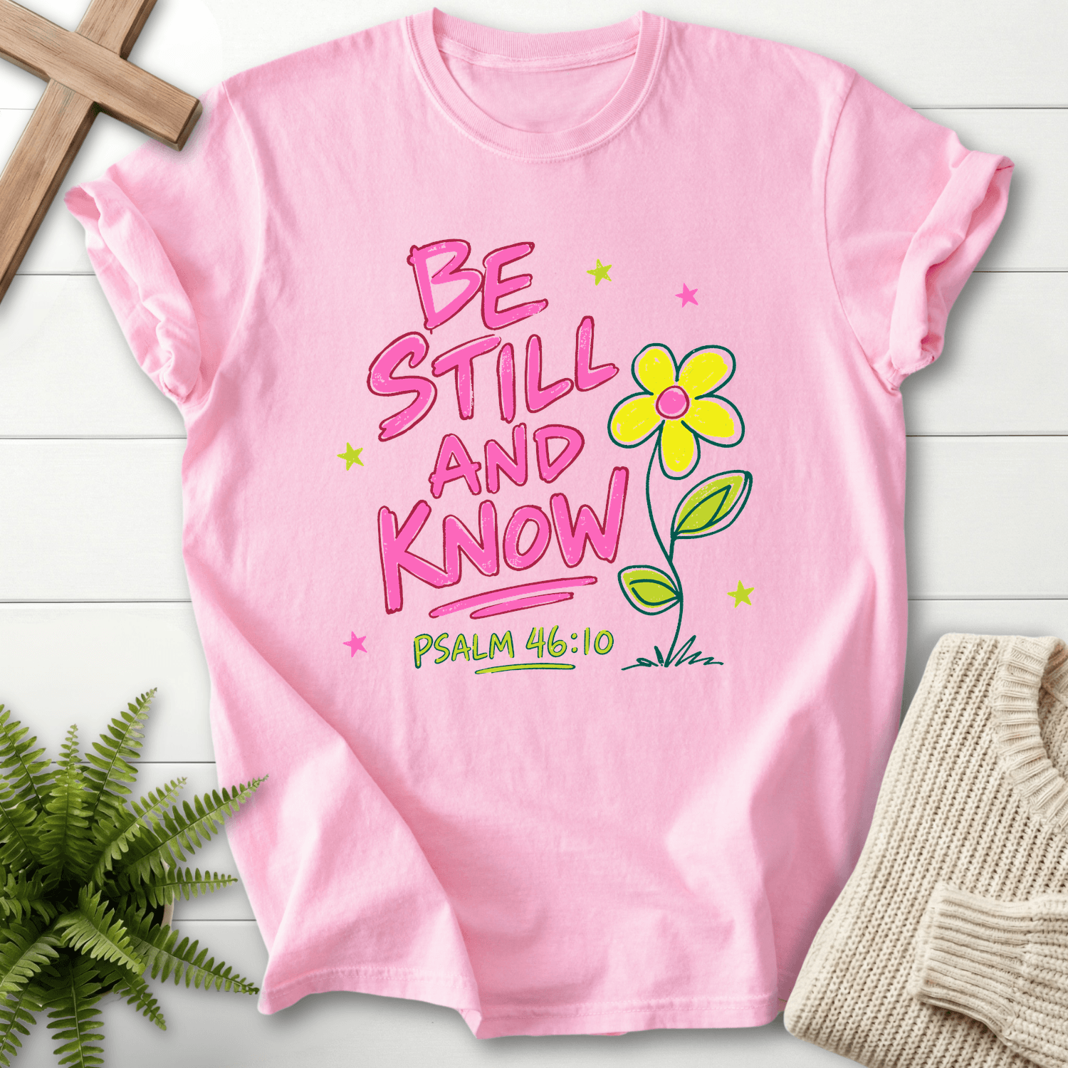 Be Still and Know Ps 46:10 Whimsical Graphic T-Shirt in Blossom | She Wears Faith
