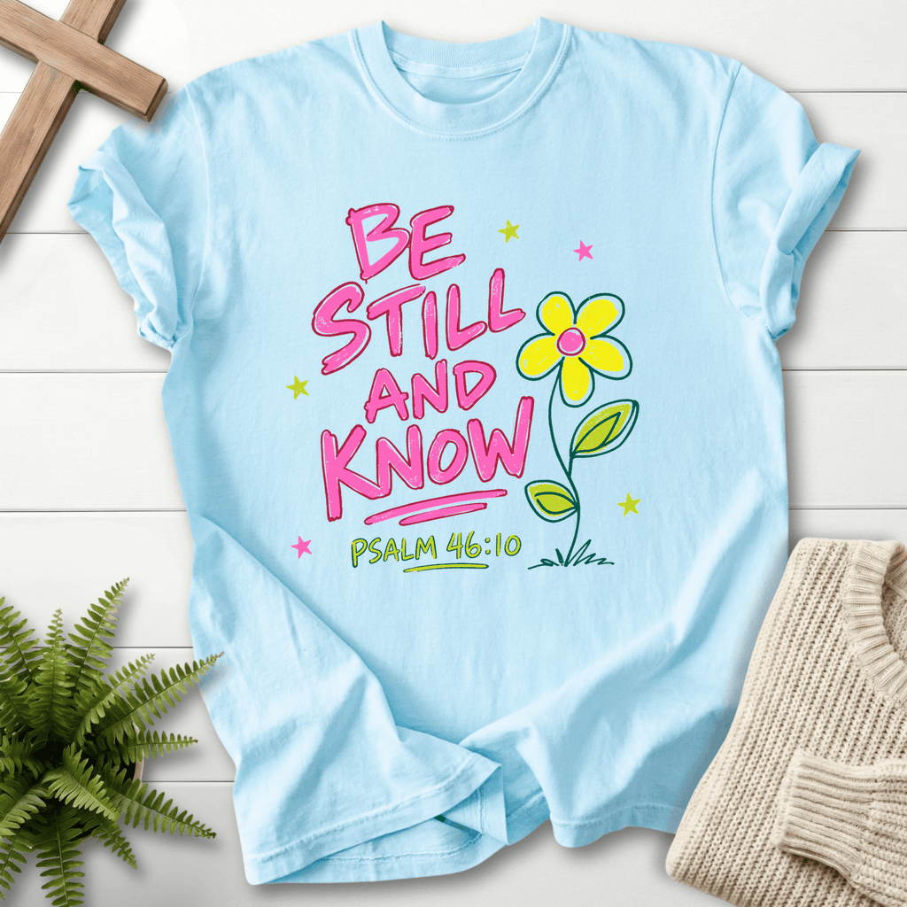 Be Still and Know Ps 46:10 Whimsical Graphic T-Shirt in Chambray | She Wears Faith