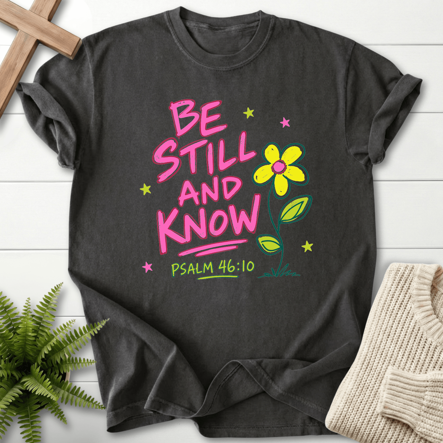 Be Still and Know Ps 46:10 Whimsical Graphic T-Shirt in Graphite | She Wears Faith