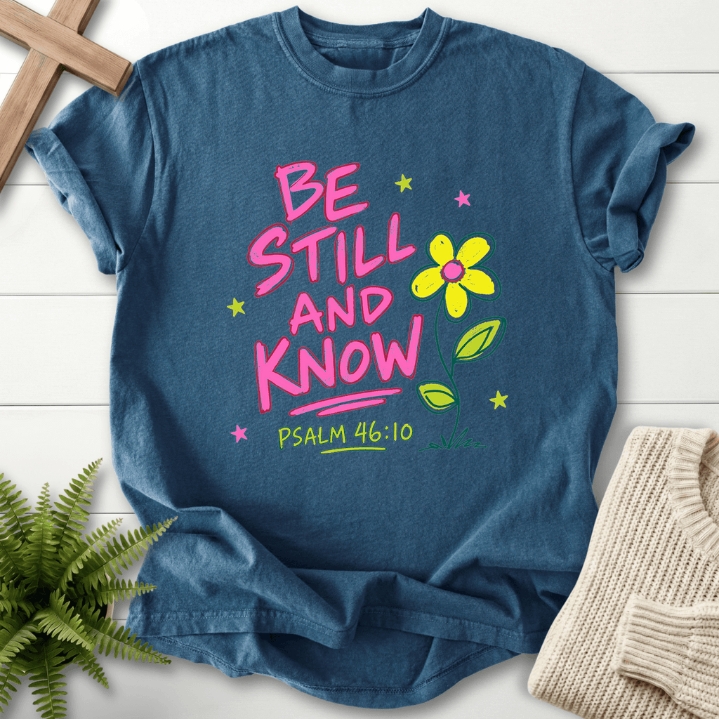 Be Still and Know Ps 46:10 Whimsical Graphic T-Shirt in Midnight | She Wears Faith