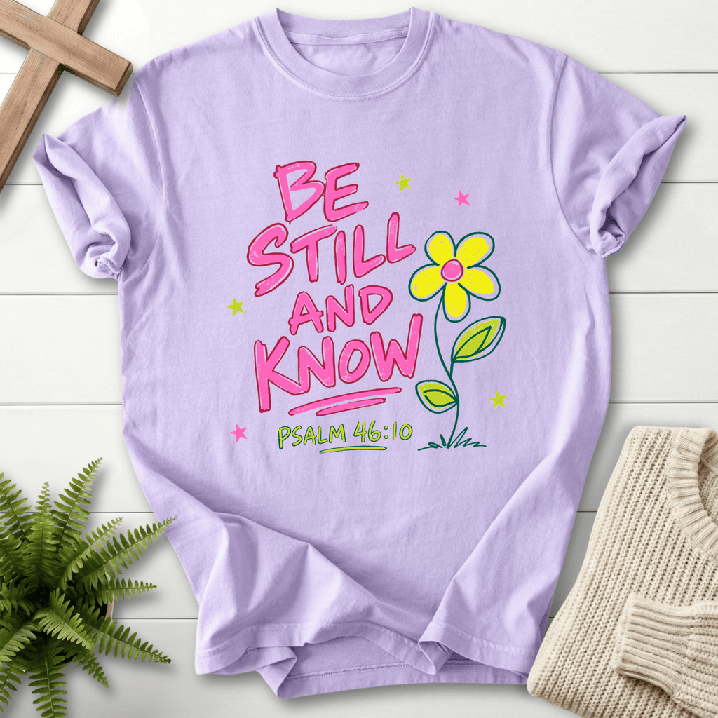 Be Still and Know Ps 46:10 Whimsical Graphic T-Shirt in Orchid | She Wears Faith