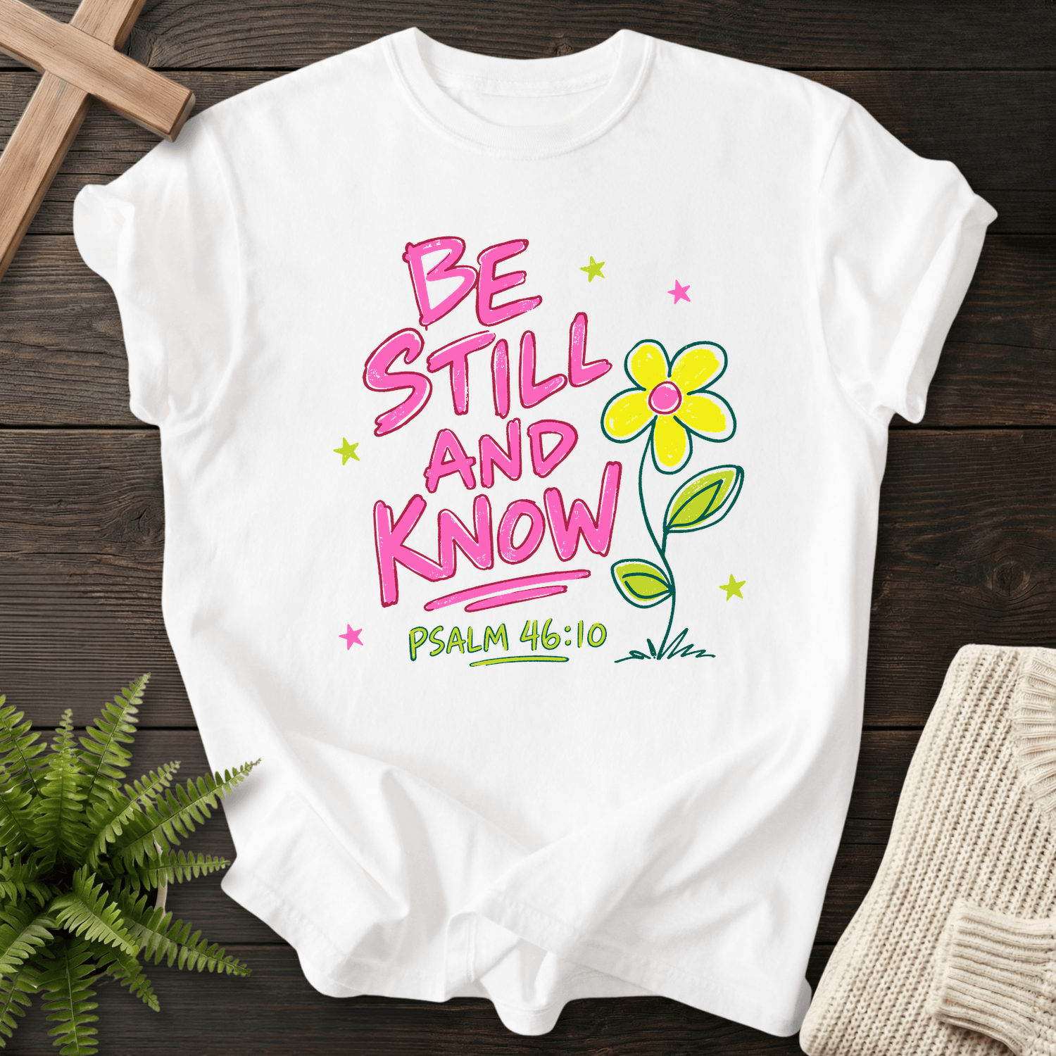Be Still and Know Ps 46:10 Whimsical Graphic T-Shirt in White | She Wears Faith