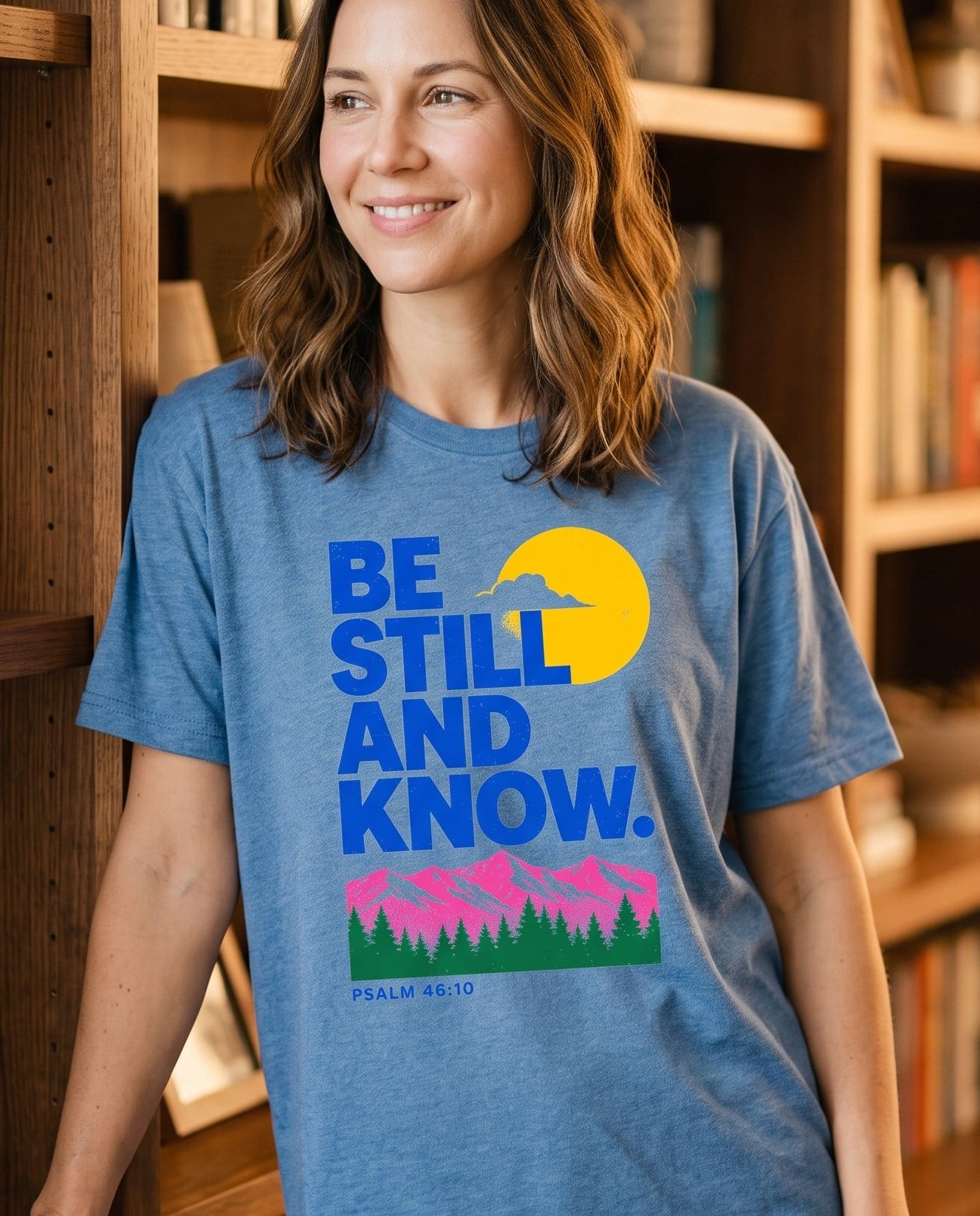 Be Still and Know Psalm 46:10 Retro Mountain – Blue Jean women's Christian tee, lifestyle photo in cozy reading nook – Retro risograph-style mountain range with pine treeline and rising sun – Psalm 46:10 – She Wears Faith