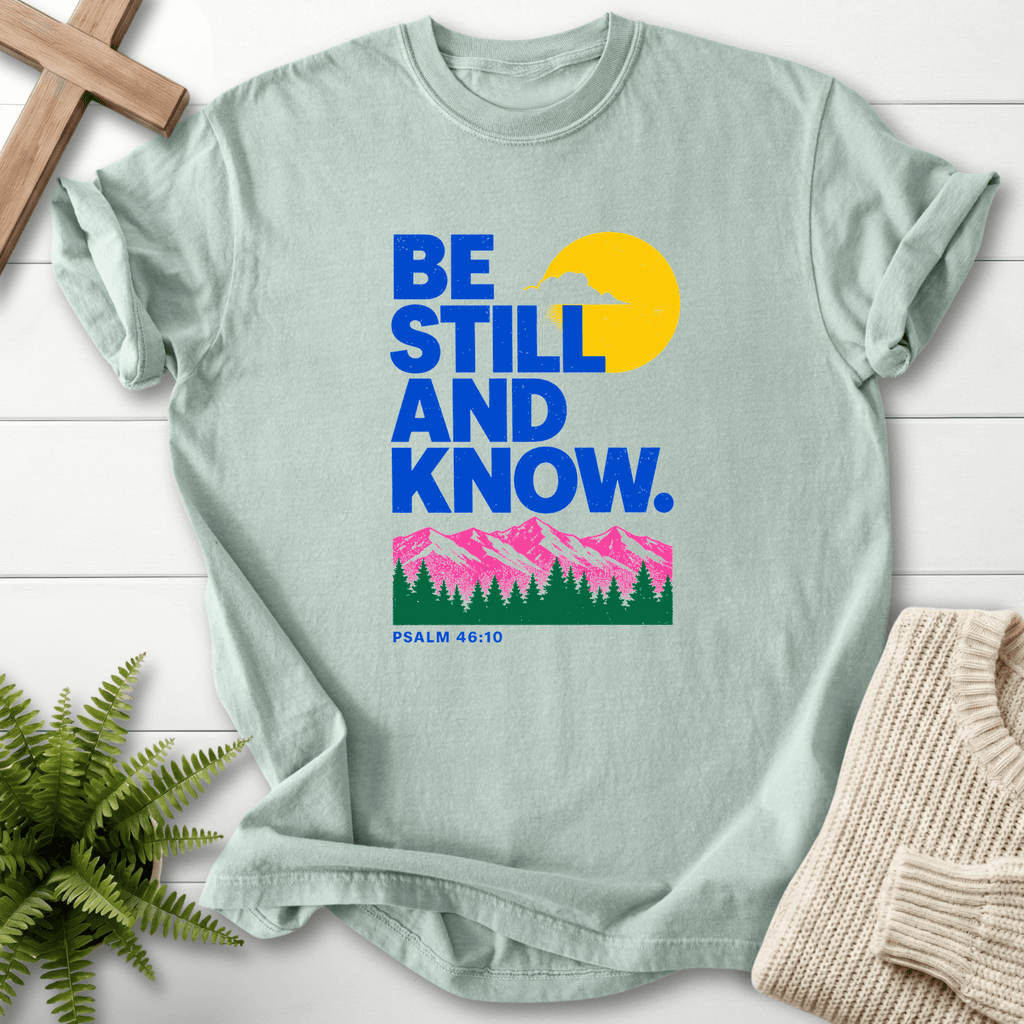 Be Still and Know Psalm 46:10 Risograph Graphic T-Shirt in Bay | She Wears Faith