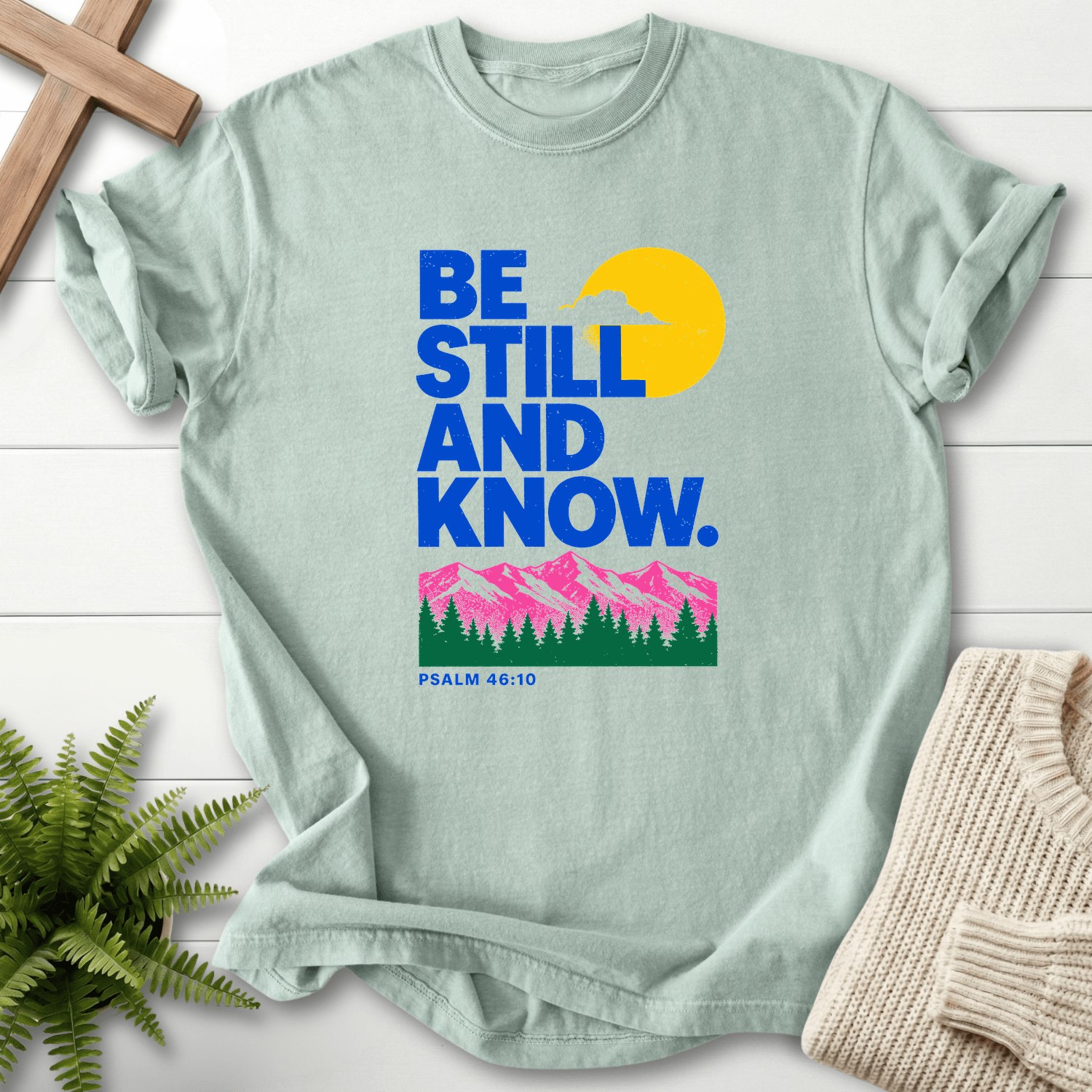 Be Still and Know Psalm 46:10 Risograph Graphic T-Shirt in Bay | She Wears Faith