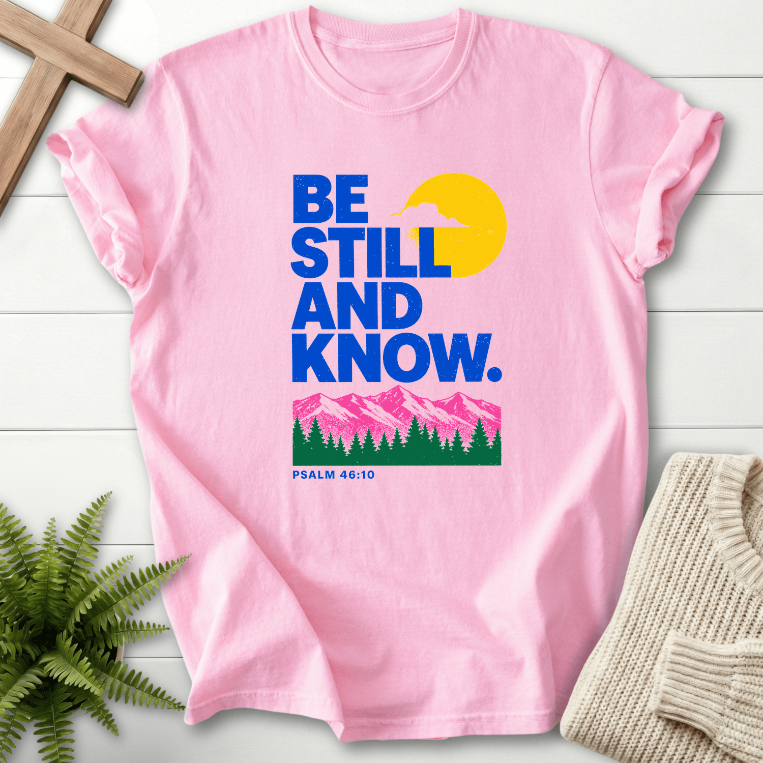 Be Still and Know Psalm 46:10 Risograph Graphic T-Shirt in Blossom | She Wears Faith