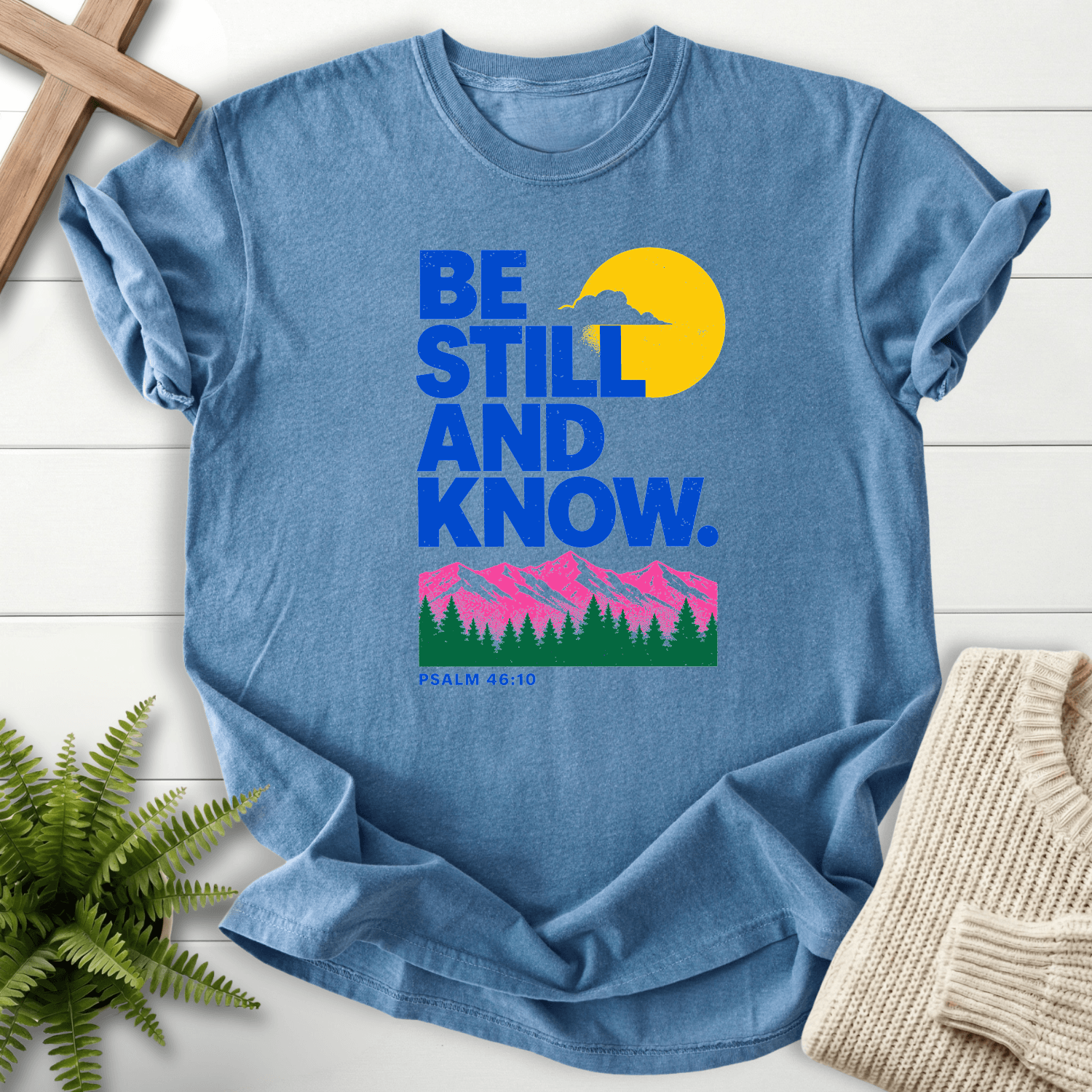 Be Still and Know Psalm 46:10 Risograph Graphic T-Shirt in Blue Jean | She Wears Faith