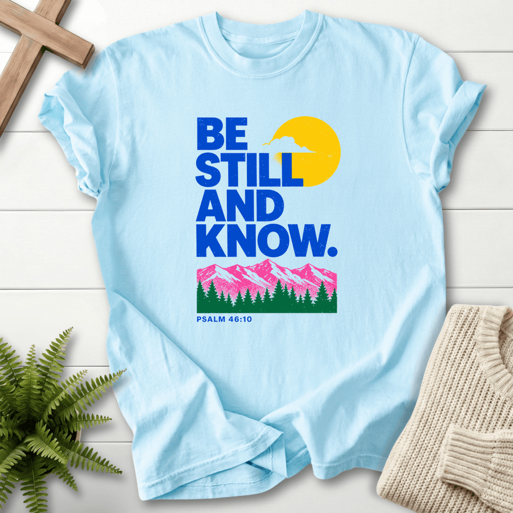 Be Still and Know Psalm 46:10 Risograph Graphic T-Shirt in Chambray | She Wears Faith