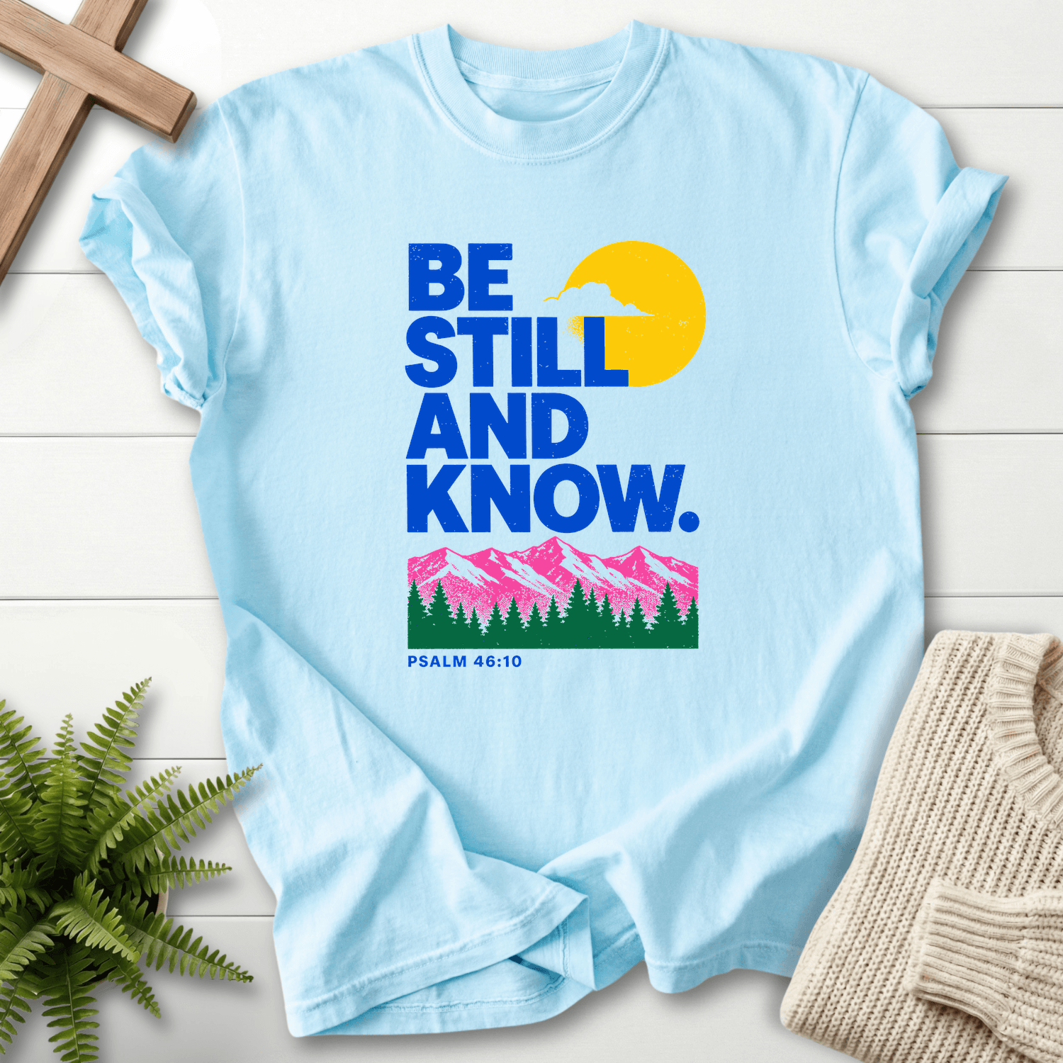 Be Still and Know Psalm 46:10 Risograph Graphic T-Shirt in Chambray | She Wears Faith