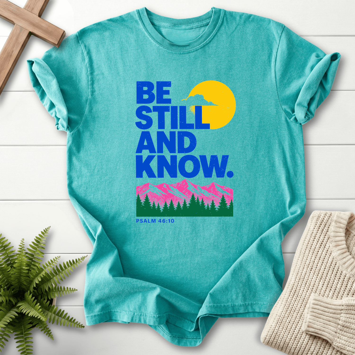 Be Still and Know Psalm 46:10 Risograph Graphic T-Shirt in Seafoam | She Wears Faith