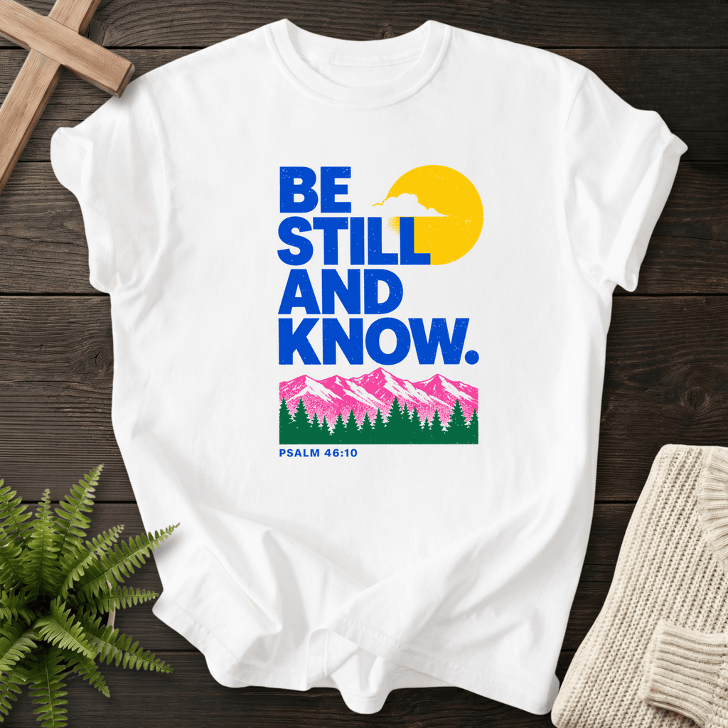 Be Still and Know Psalm 46:10 Risograph Graphic T-Shirt in White | She Wears Faith