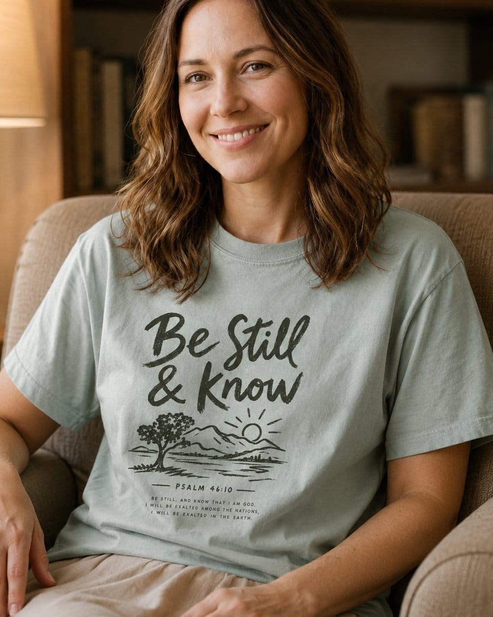 Be Still and Know Psalm 46:10 Minimalist – Bay women's Christian tee, lifestyle photo in cozy reading nook – Minimalist single-color line drawing of a tree – Psalm 46:10 – She Wears Faith