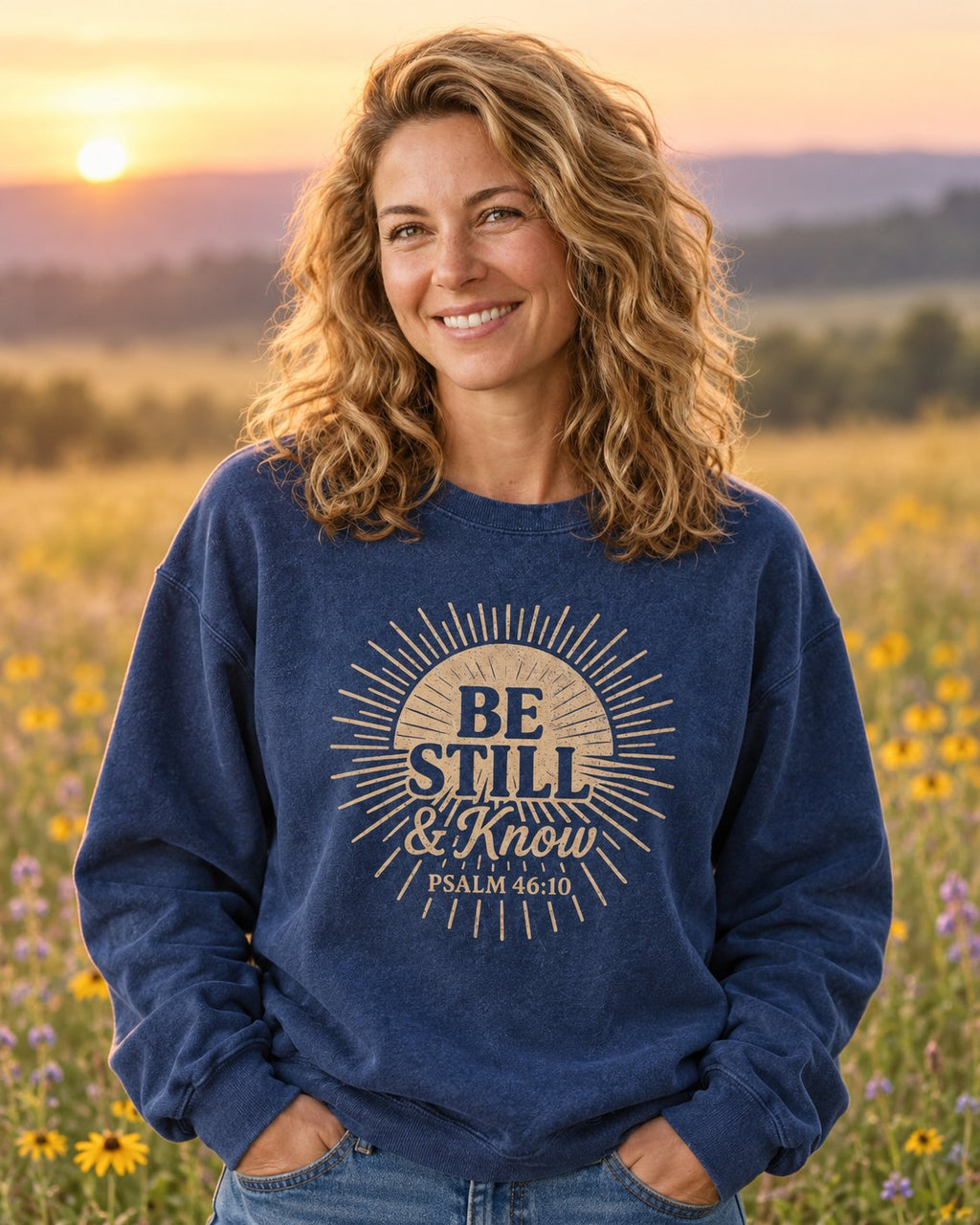 Be Still & Know Sunburst, True Navy women's Christian sweatshirt, lifestyle photo in wildflower meadow at sunrise, Gold sunburst with BE STILL and Know, She Wears Faith