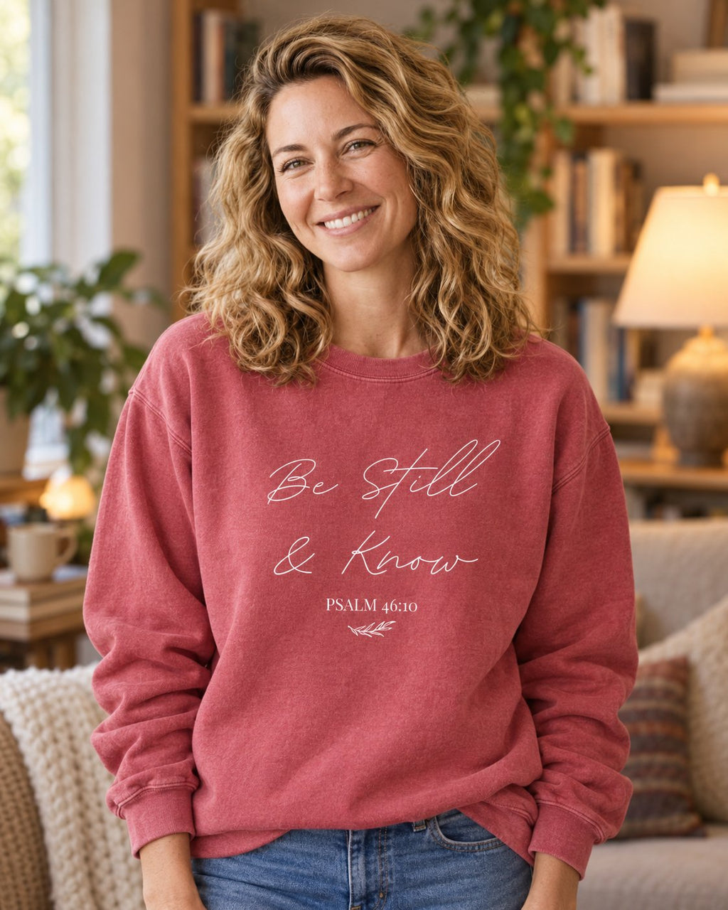 Be Still & Know, Crimson women's Christian sweatshirt, lifestyle photo in cozy reading nook, White script Be Still and Know with a small sprig, She Wears Faith