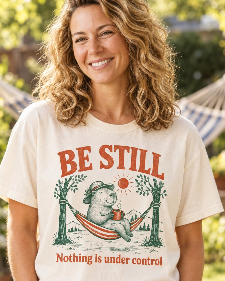 Be Still Capybara, Ivory women's Christian tee, lifestyle photo in outdoor garden, Capybara in a sun hat relaxing in a striped hammock, She Wears Faith