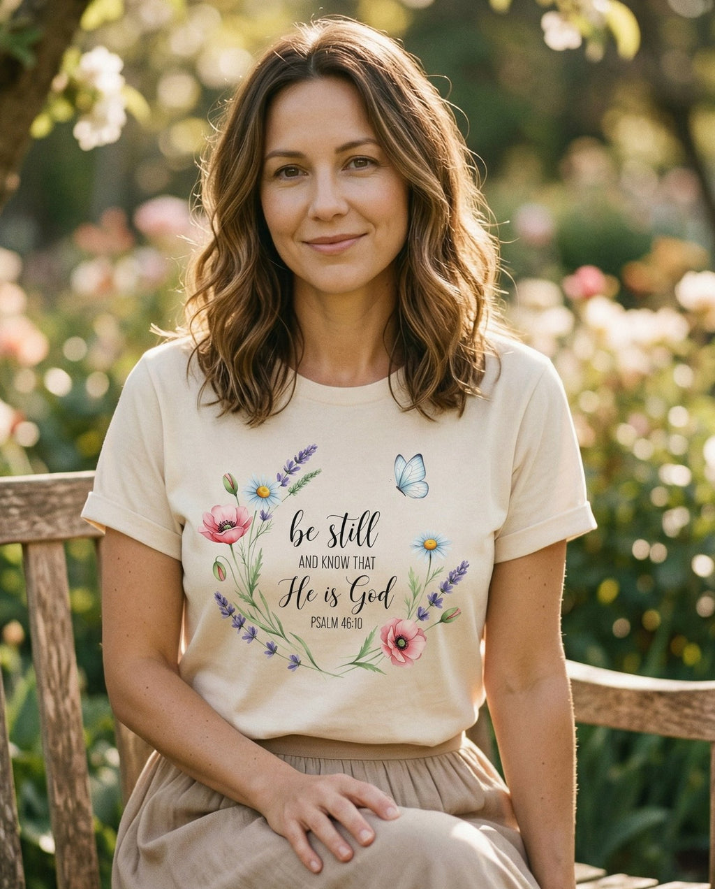 Be Still & Know Floral – Ivory women's Christian tee, lifestyle photo in outdoor garden – Watercolor wildflower wreath with poppies – Psalm 46:10 – She Wears Faith