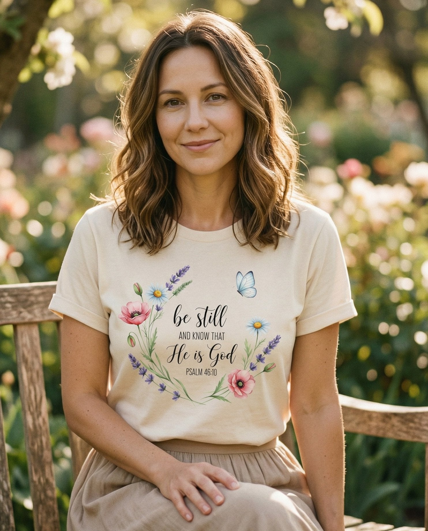 Be Still & Know Floral – Ivory women's Christian tee, lifestyle photo in outdoor garden – Watercolor wildflower wreath with poppies – Psalm 46:10 – She Wears Faith
