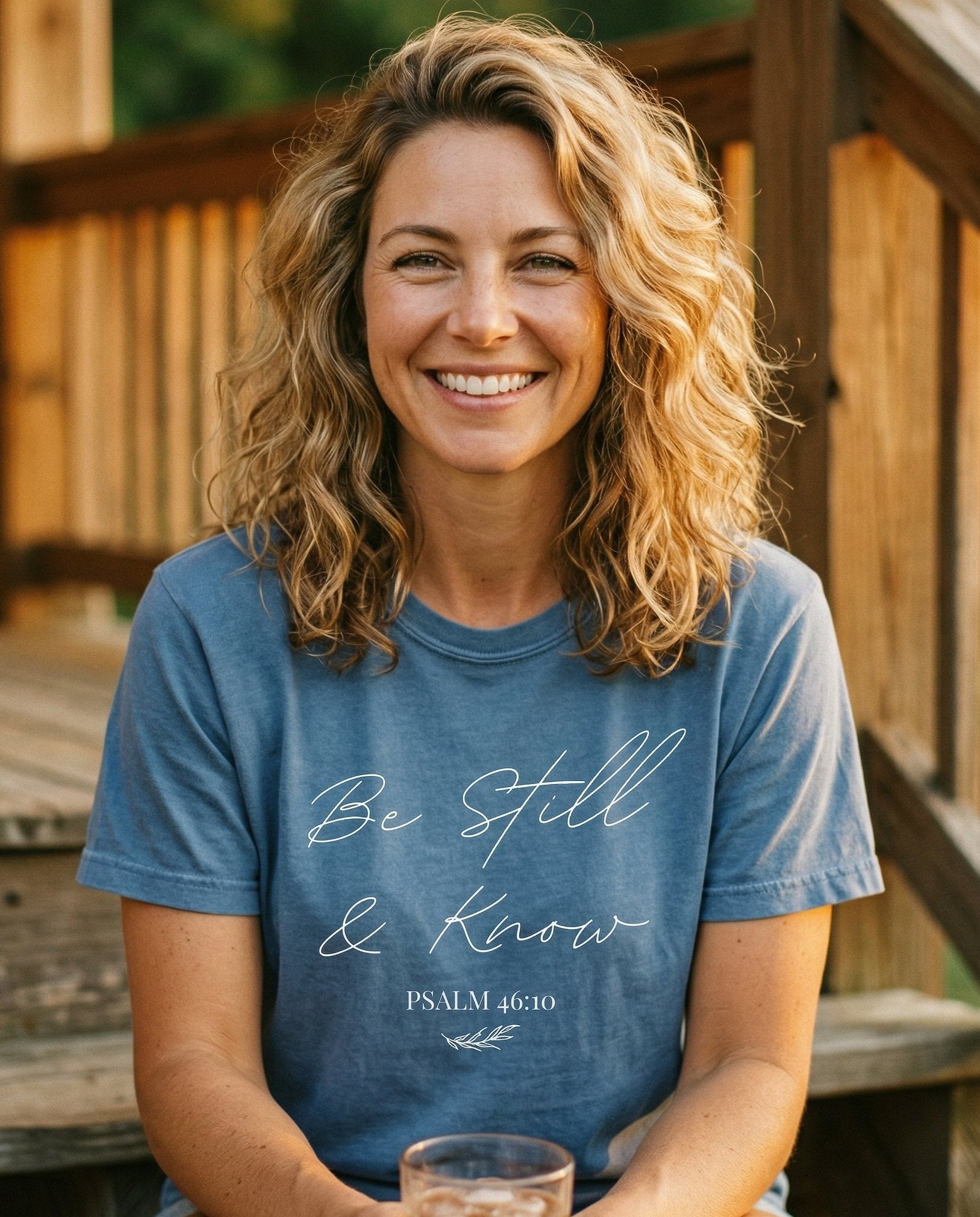Be Still & Know – Blue Jean women's Christian tee, lifestyle photo in sunny porch – Minimalist elegant gold script 'Be Still & Know' with Psalm 46:10 text – Psalm 46:10 – She Wears Faith