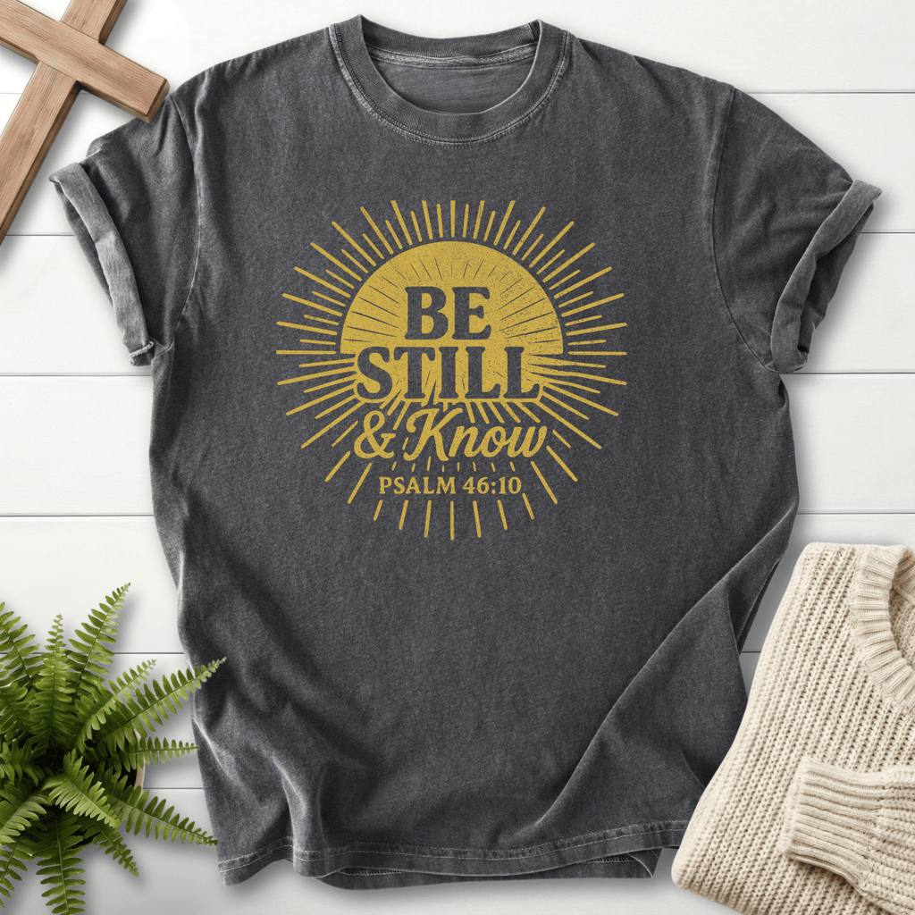 Pepper Christian t-shirt for women with a vintage sunburst design and 'Be Still and Know', inspired by Psalm 46:10.