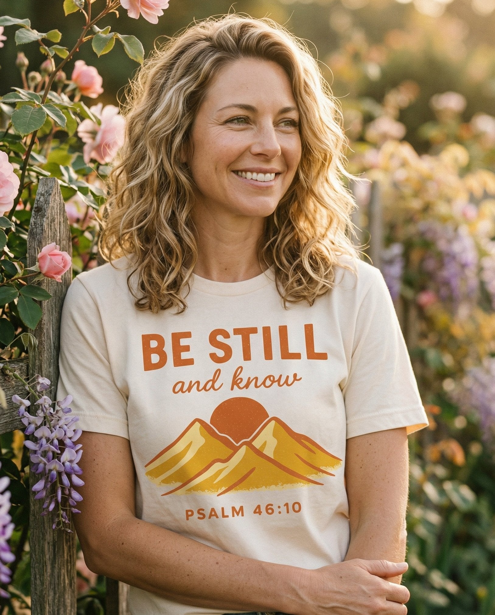 Be Still Mountain Sunrise – Ivory women's Christian tee, lifestyle photo in outdoor garden – Retro illustrated mountain landscape with warm golden sun rising behin – Psalm 46:10 – She Wears Faith