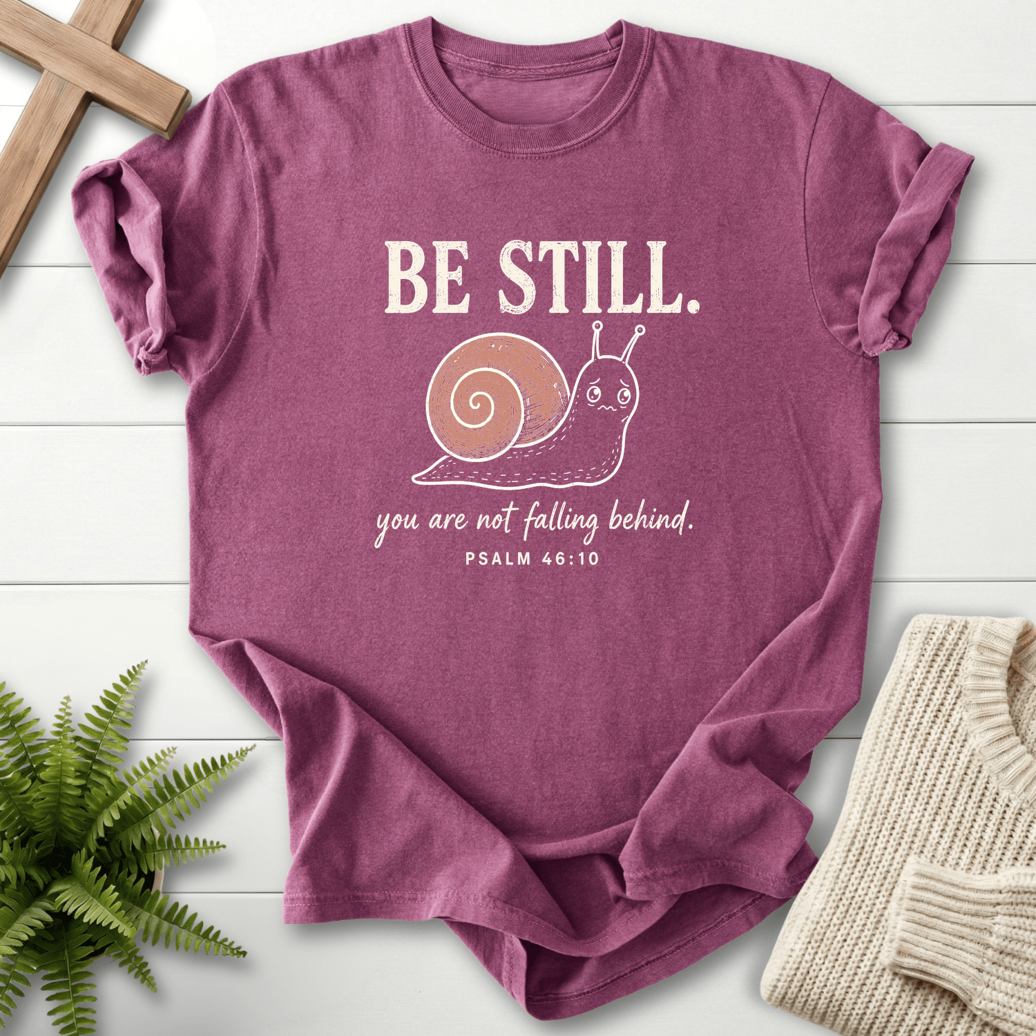 Be Still Snail Ps 46 10 T-Shirt in Berry | She Wears Faith