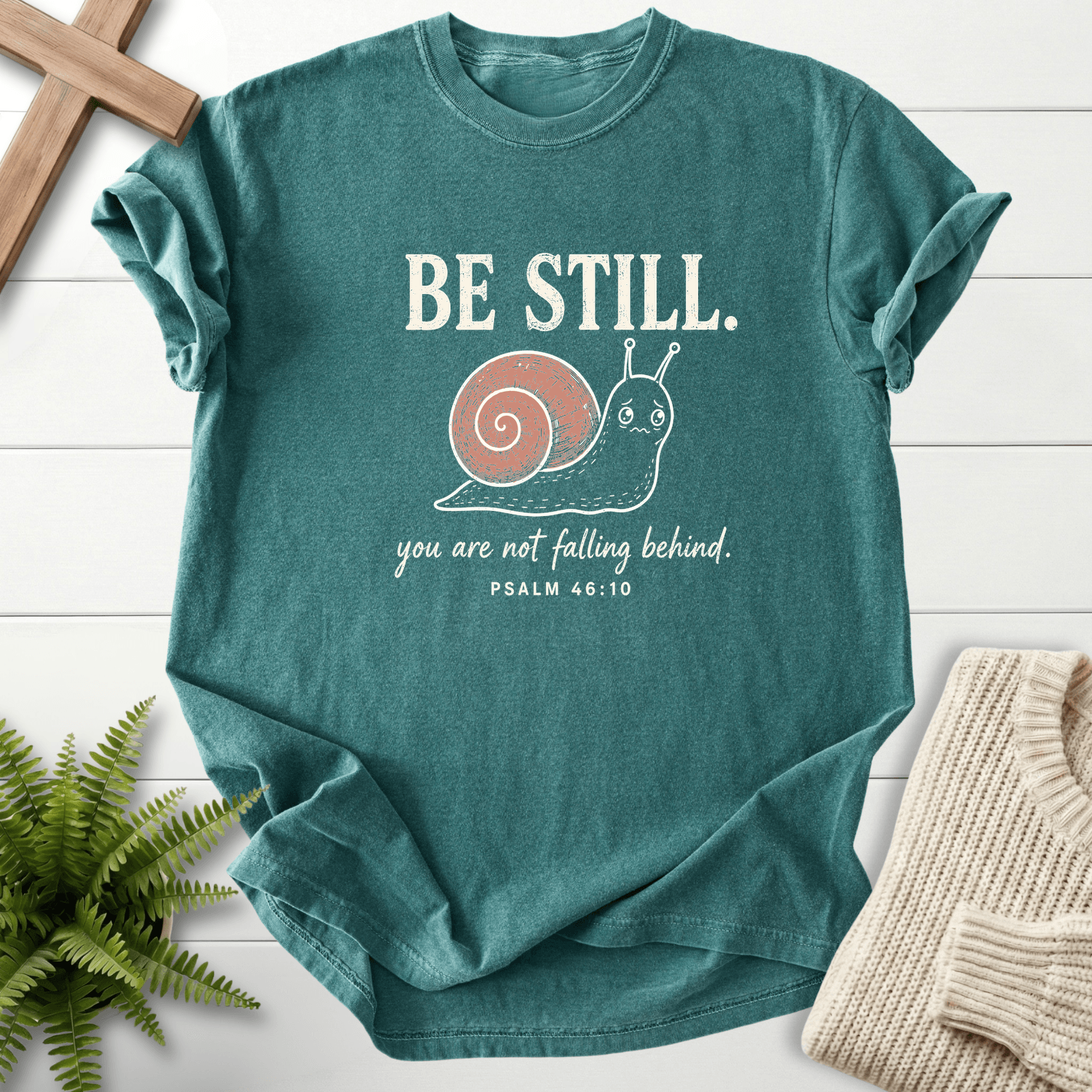 Be Still Snail Ps 46 10 T-Shirt in Blue Spruce | She Wears Faith