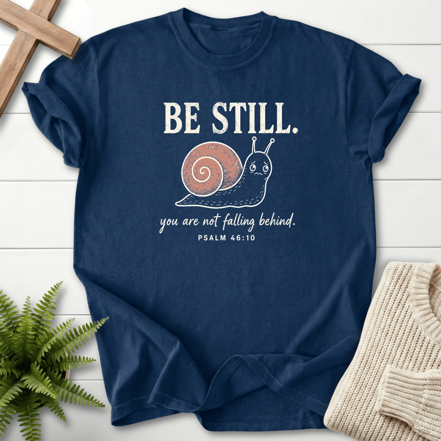 Be Still Snail Ps 46 10 T-Shirt in Navy | She Wears Faith