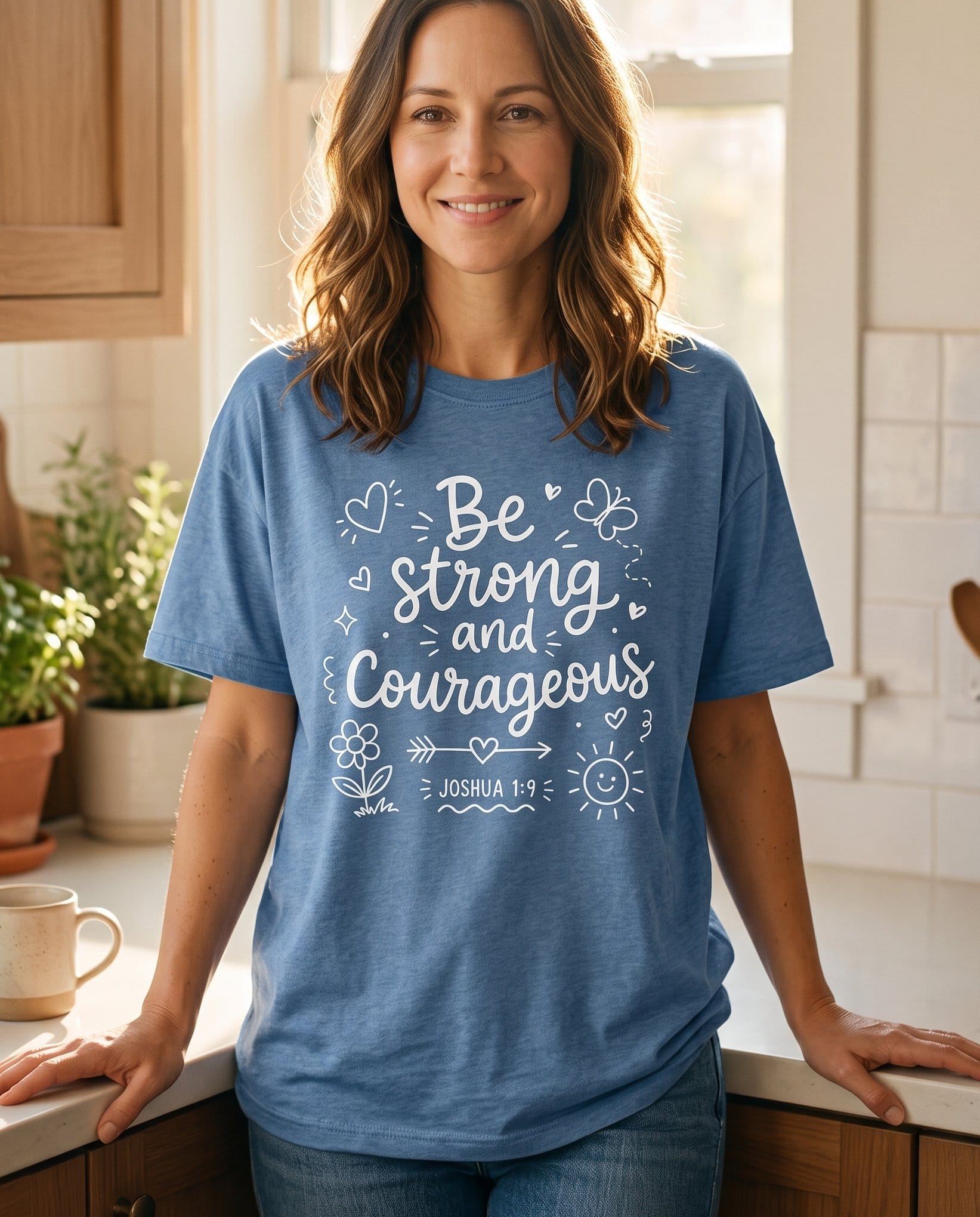 Be Strong and Courageous Joshua 1:9 – Blue Jean women's Christian tee, lifestyle photo in morning kitchen setting – Flowing hand-lettered 'Be Strong and Courageous' script surrounded by  – Joshua 1:9 – She Wears Faith