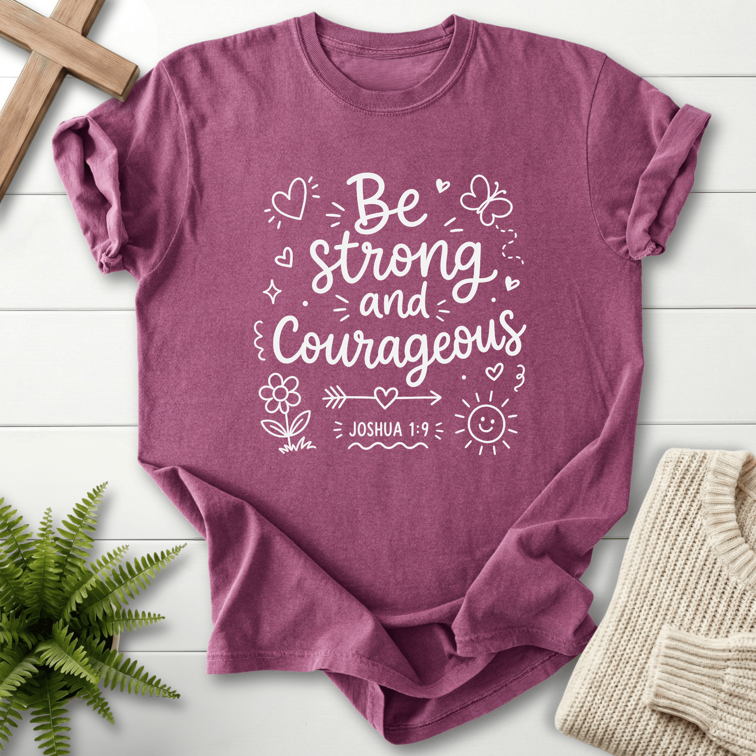 Be Strong and Courageous Joshua 1:9 T-Shirt in Berry | She Wears Faith