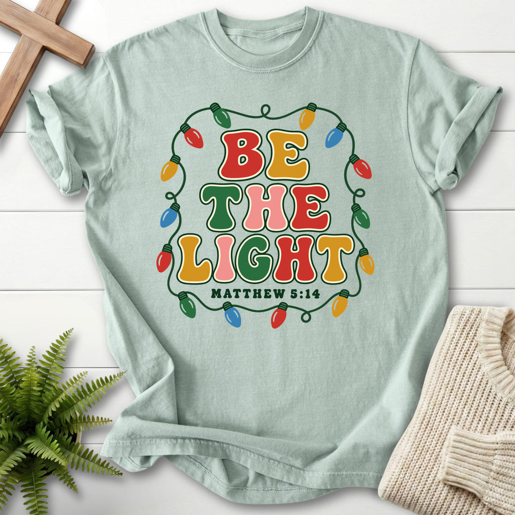 Bay Be the Light Christmas Lights T-shirt flat lay mockup, Matthew 5:14 Christian apparel for women