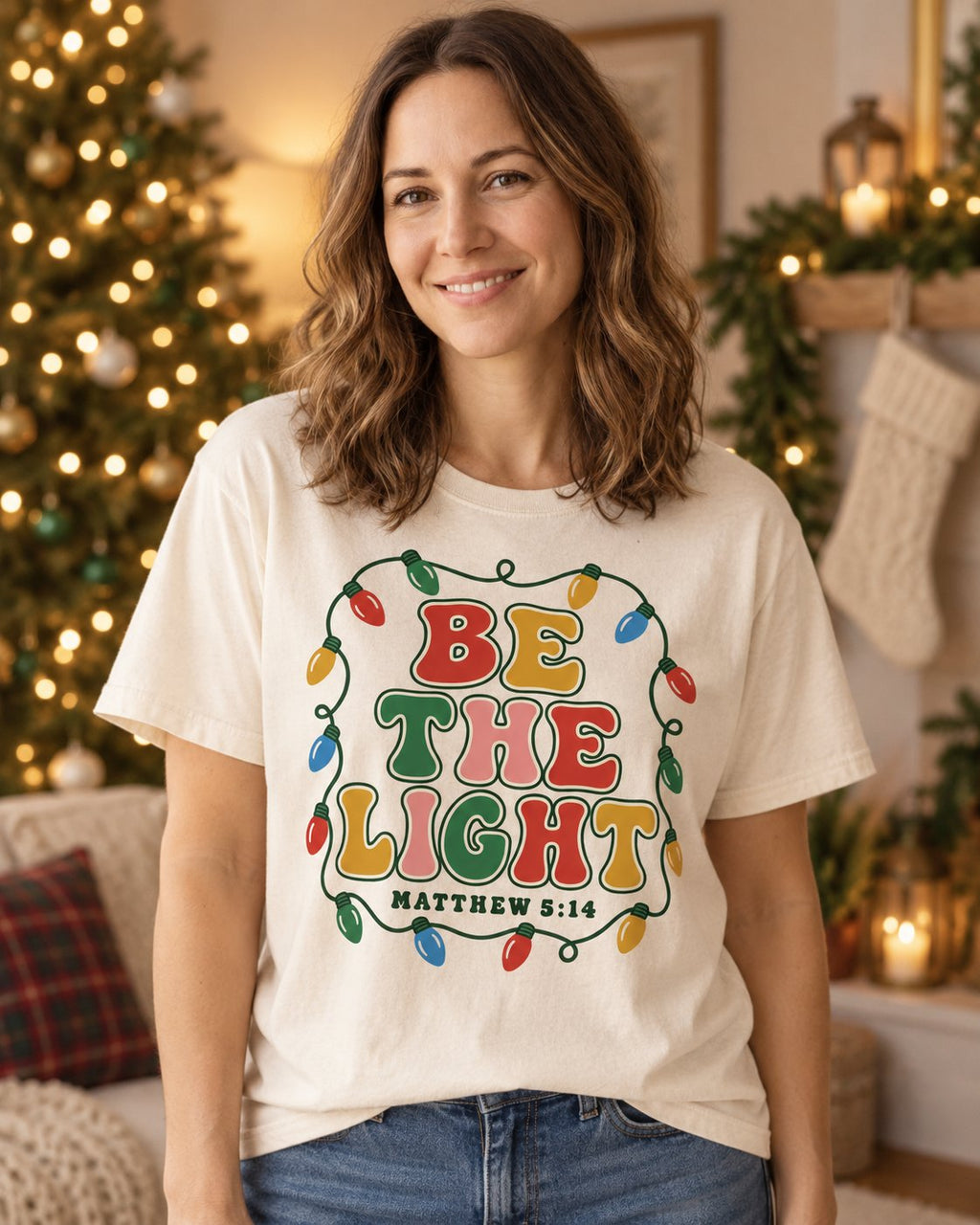 Be the Light Christmas Lights, Ivory women's Christian tee, lifestyle photo in living room by the Christmas tree, Retro BE THE LIGHT lettering framed by Christmas lights, She Wears Faith