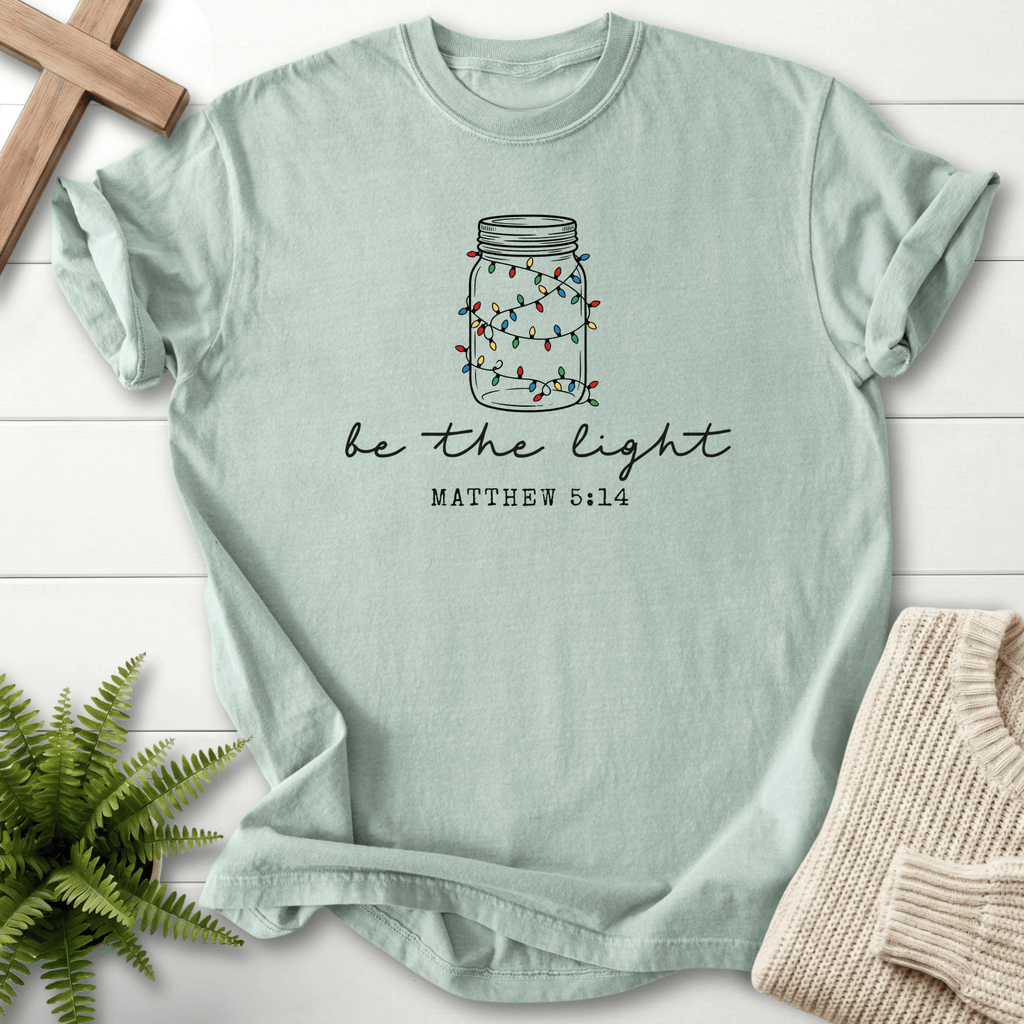 Bay Christian t-shirt for women with a mason jar light illustration and 'Be the Light', inspired by Matthew 5:14.