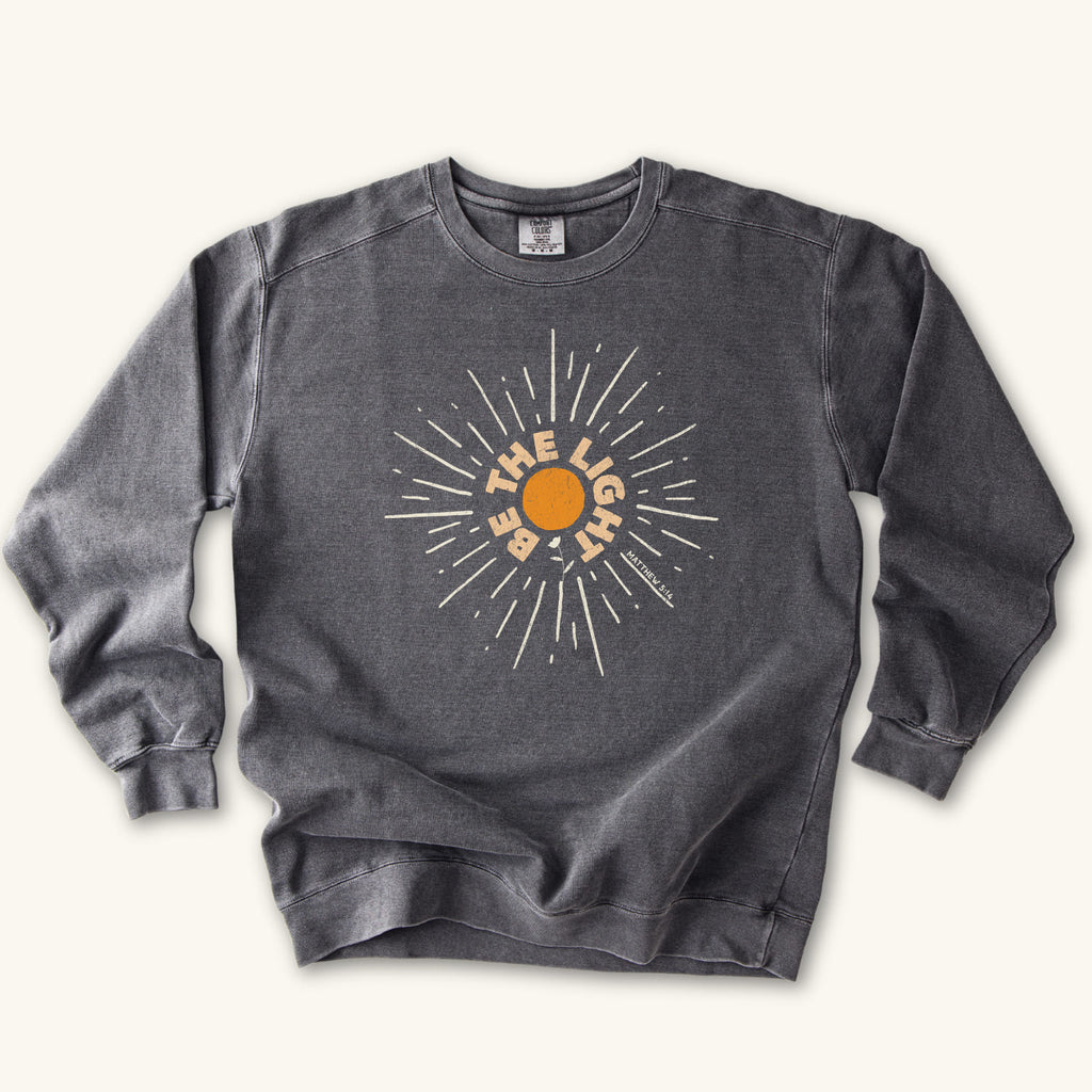 Pepper Be The Light Sunburst sweatshirt flat lay mockup, Matthew 5:14 Christian apparel for women
