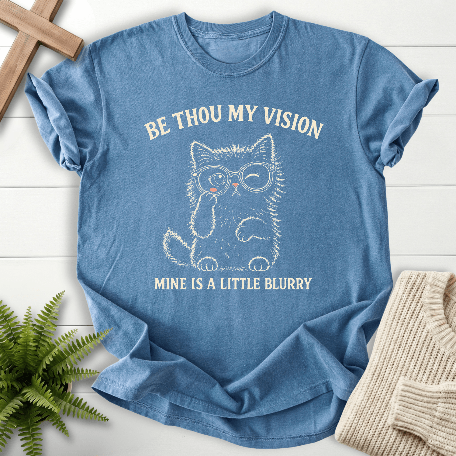 Be Thou My Vision Cat T-Shirt in Blue Jean | She Wears Faith
