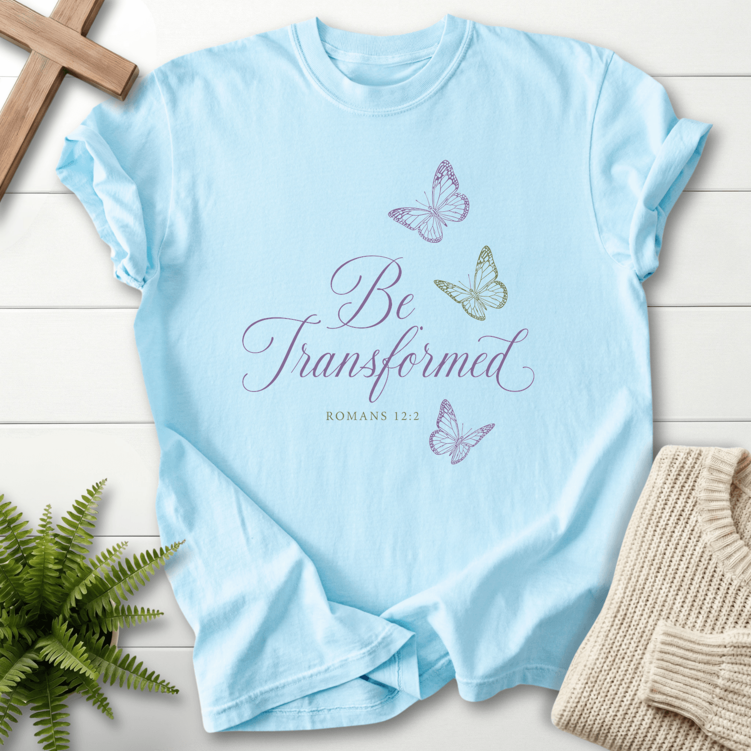 Be Transformed Romans 12 2 T-Shirt in Chambray | She Wears Faith